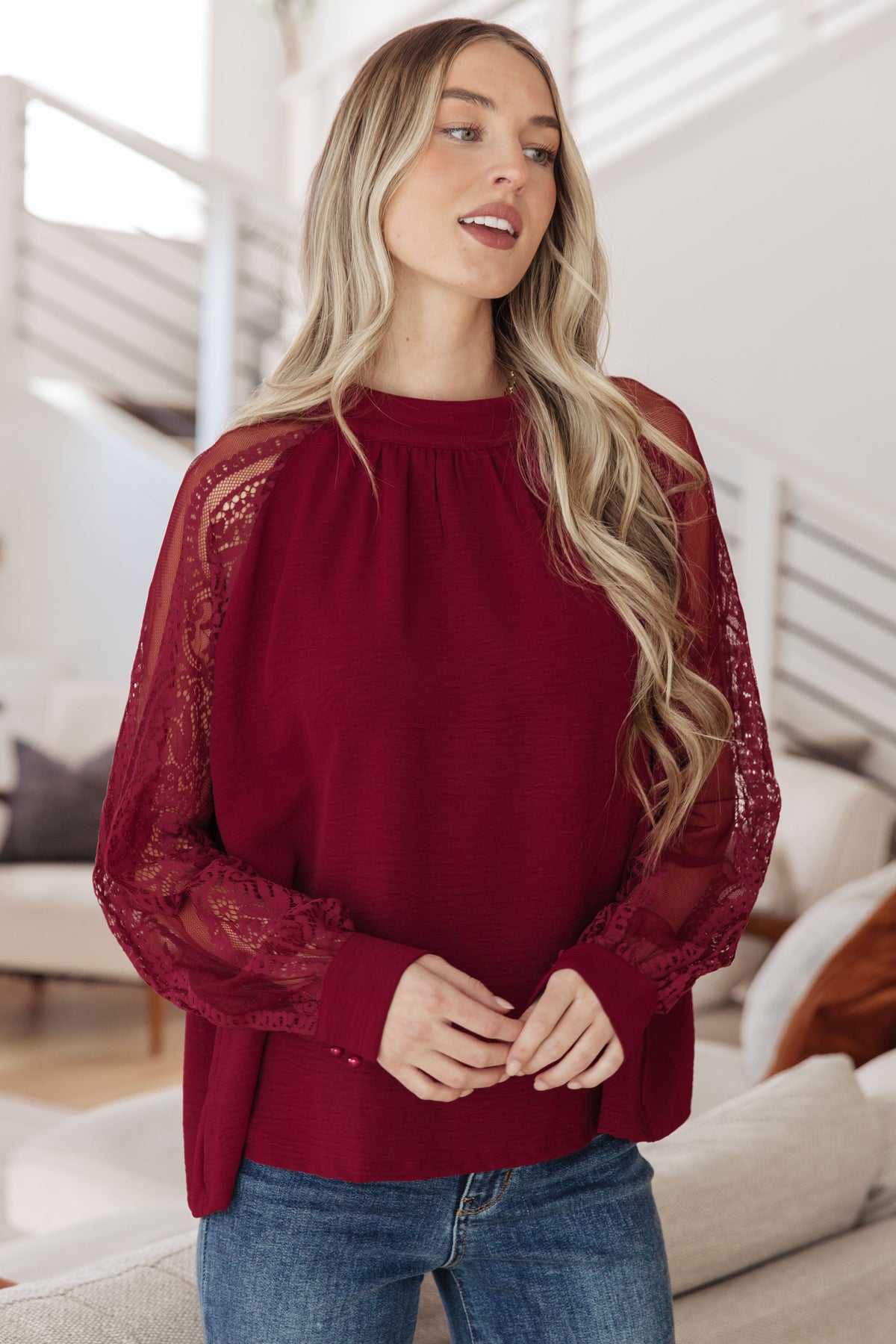 White Birch Lace on My Sleeves Blouse in Wine Tops