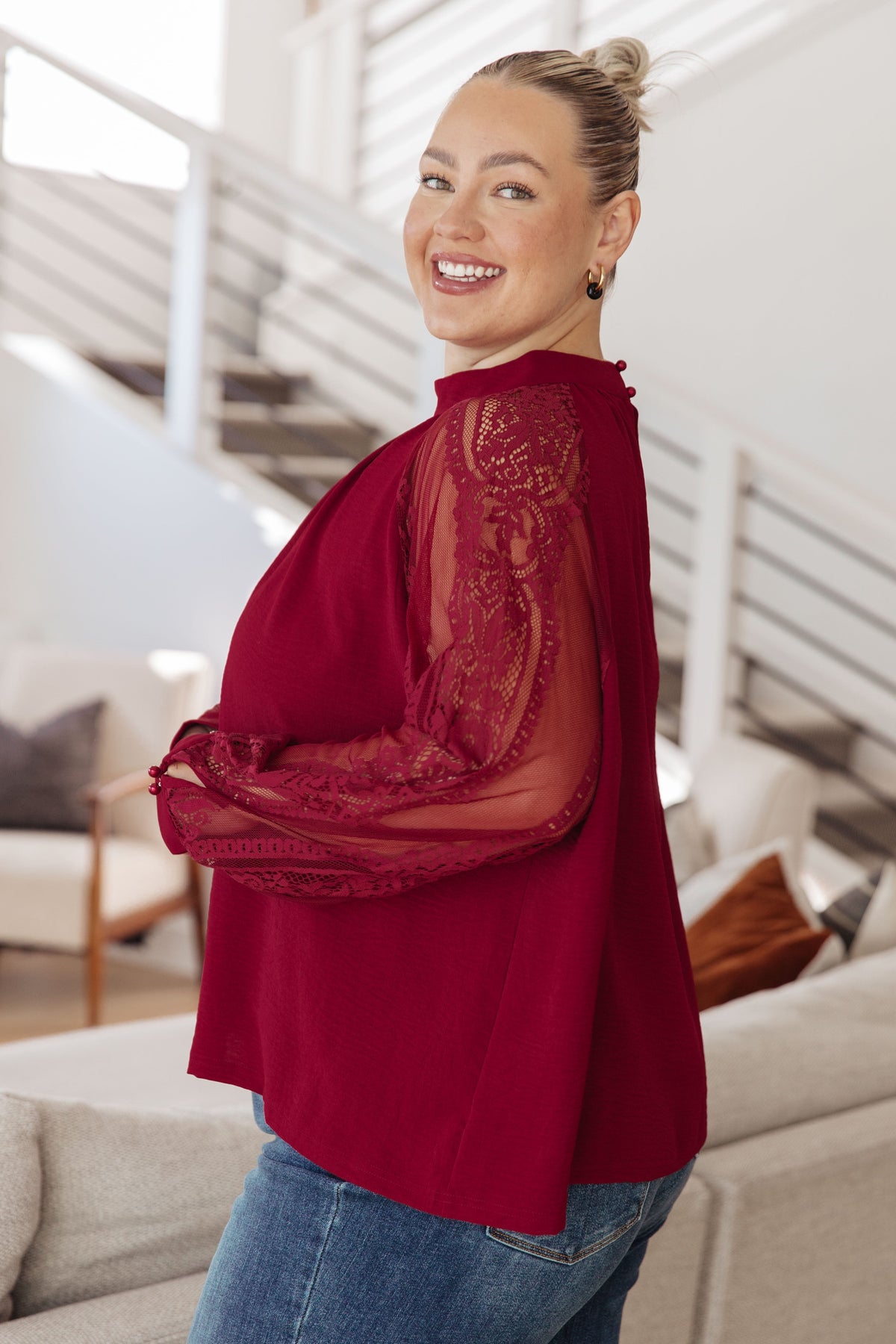 White Birch Lace on My Sleeves Blouse in Wine Tops