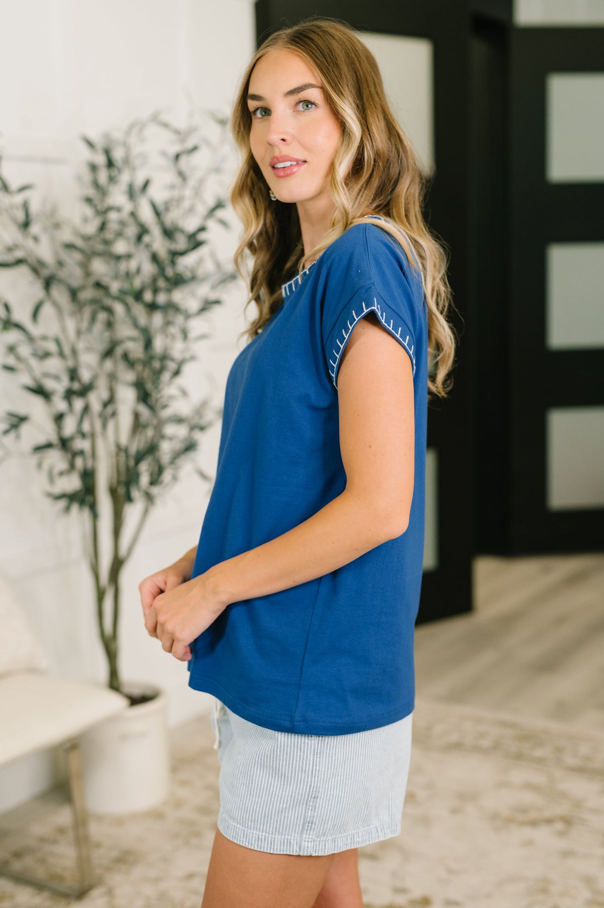 Zenana Little Details Trim Detail Top in Blue Tops