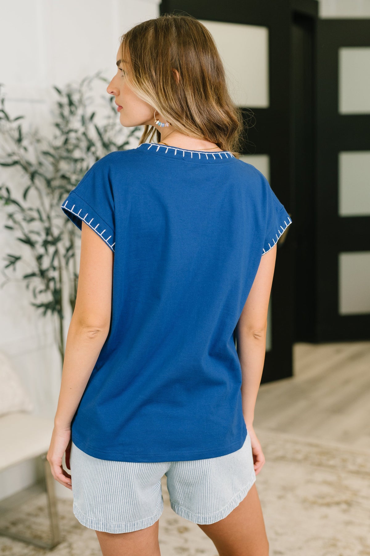 Zenana Little Details Trim Detail Top in Blue Tops
