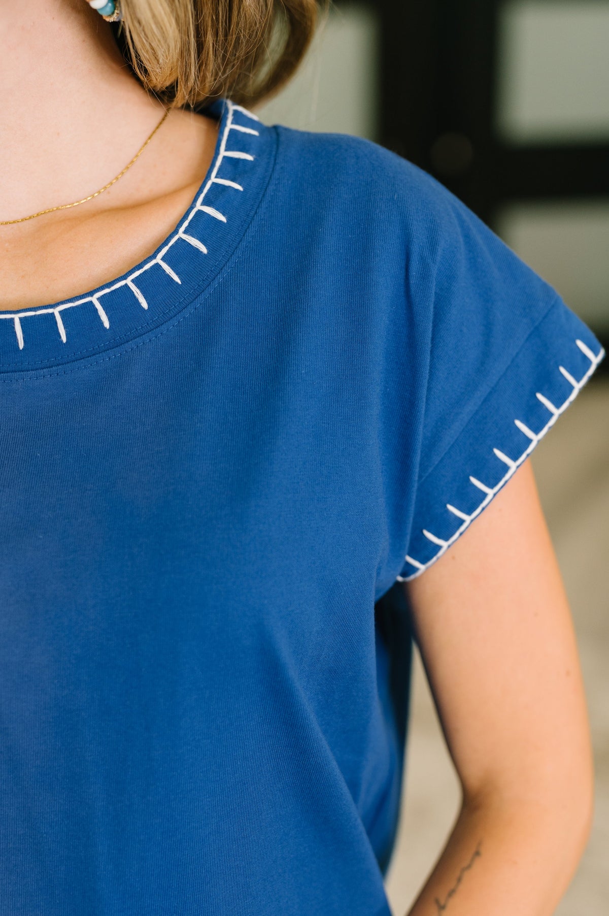Zenana Little Details Trim Detail Top in Blue Tops