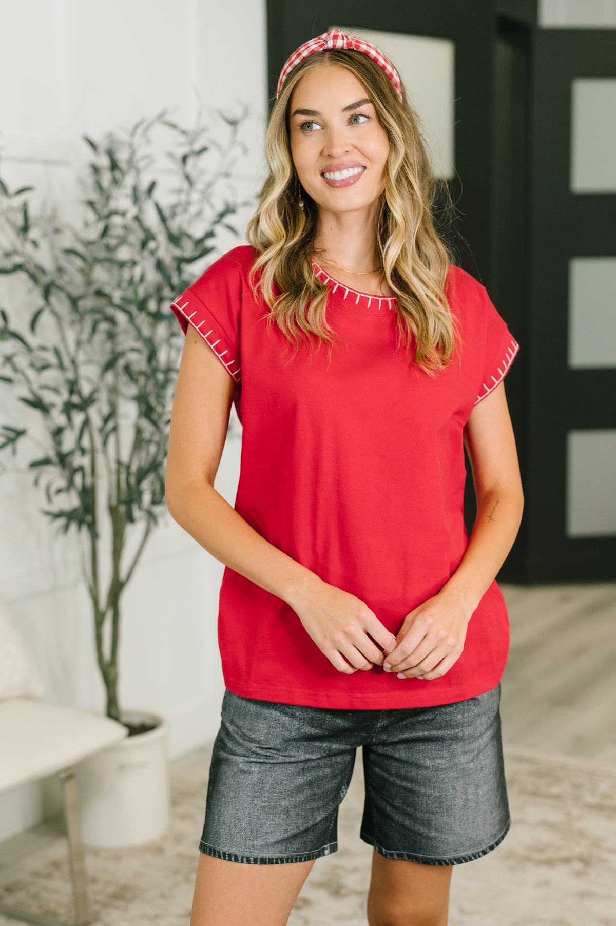 Zenana Little Details Trim Detail Top in Ruby Large Tops