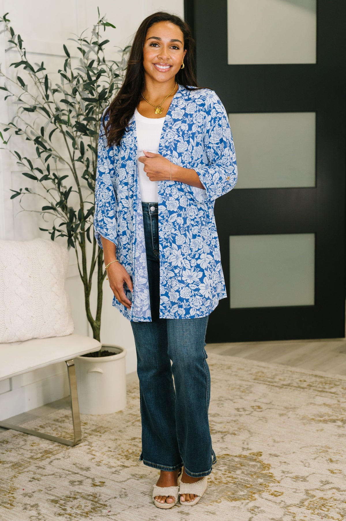 Dear Scarlett Lizzy Cardigan in Blue and White Floral Womens