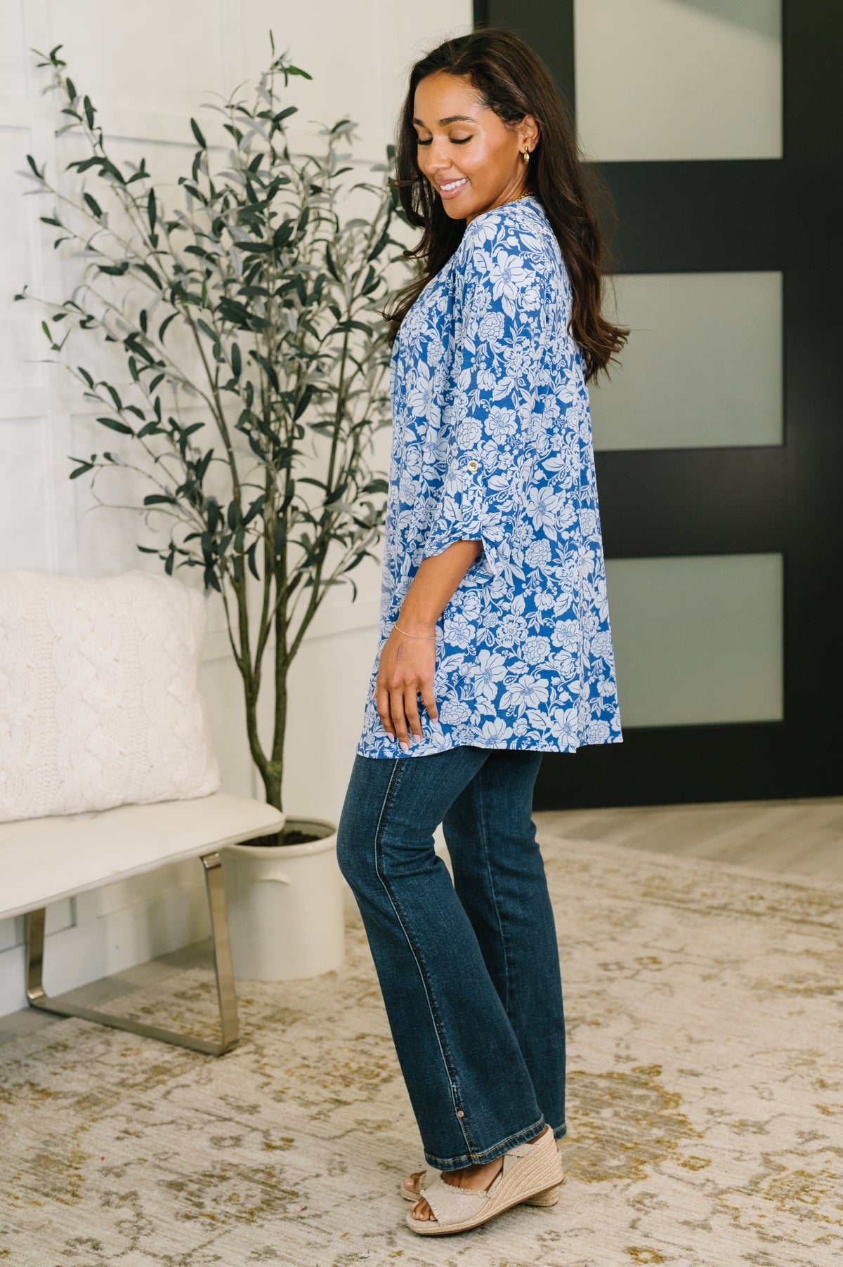 Dear Scarlett Lizzy Cardigan in Blue and White Floral Womens