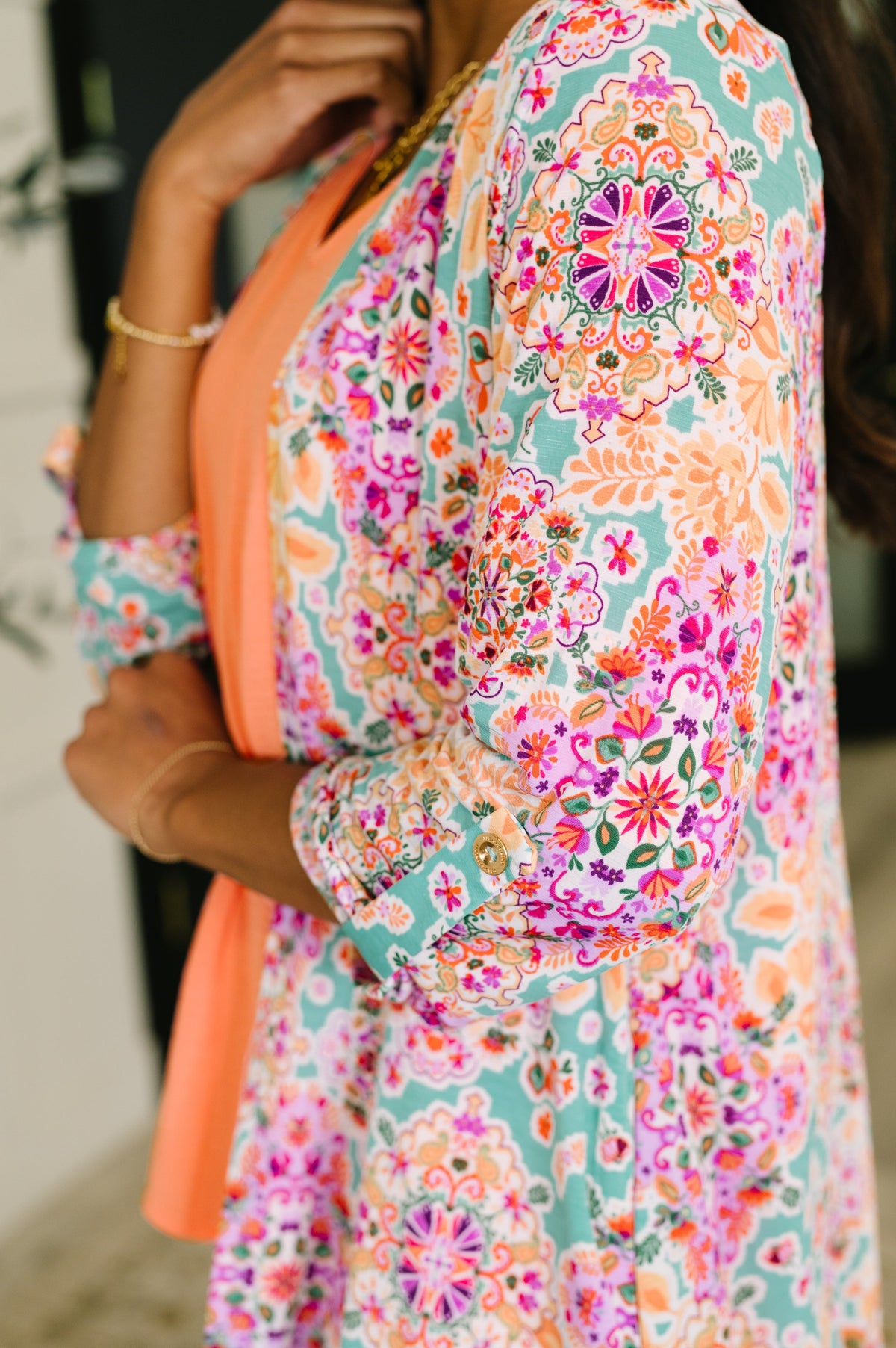 Dear Scarlett Lizzy Cardigan in Pink and Orange Floral Abstract Womens