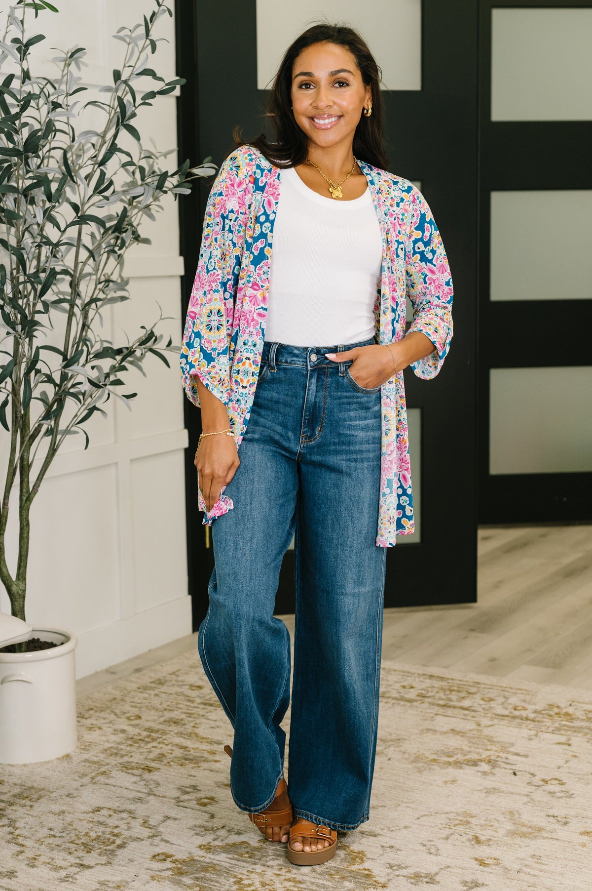 Dear Scarlett Lizzy Cardigan in Teal and Pink Floral Abstract Womens