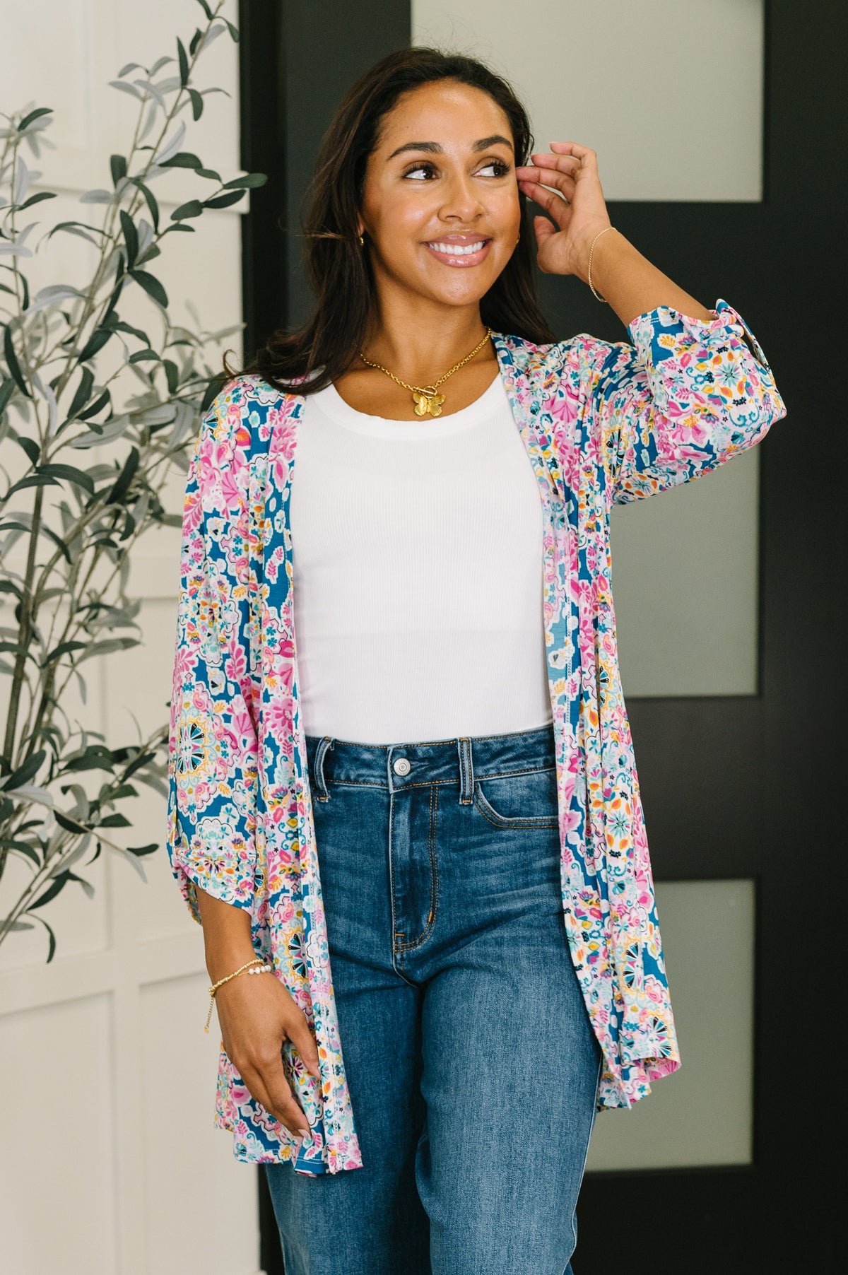 Dear Scarlett Lizzy Cardigan in Teal and Pink Floral Abstract Womens