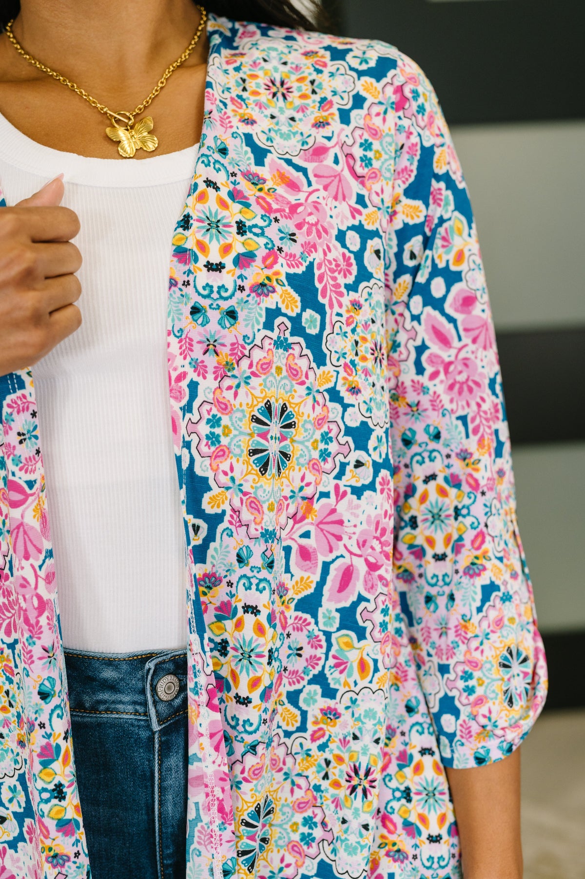 Dear Scarlett Lizzy Cardigan in Teal and Pink Floral Abstract Womens