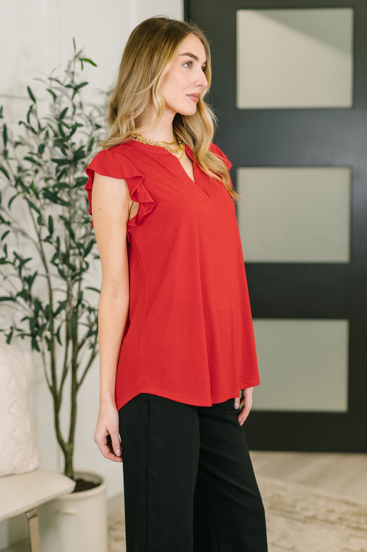 Dear Scarlett Lizzy Flutter Sleeve V-Neck Blouse in Red Tops