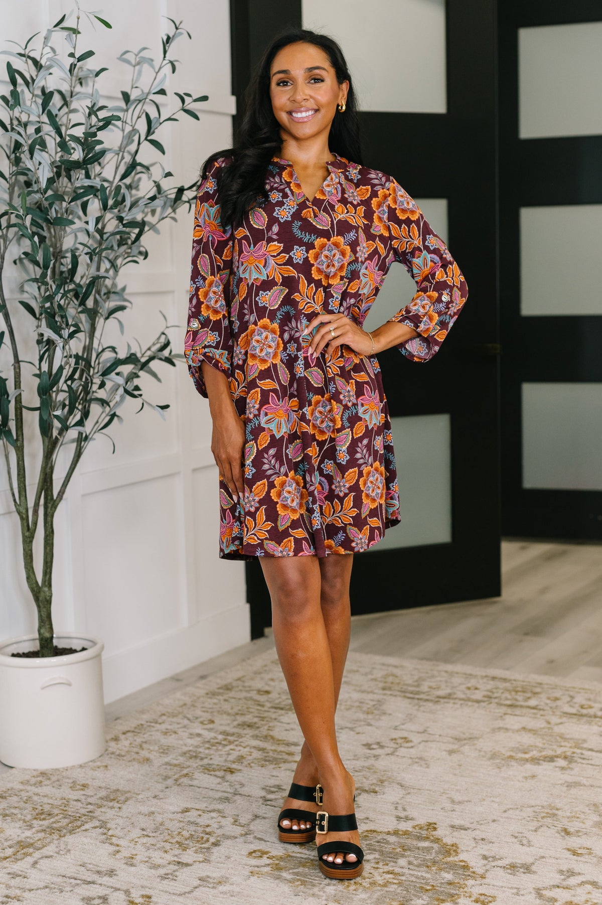 Dear Scarlett Lizzy Long Sleeve Dress in Chocolate Floral Dresses