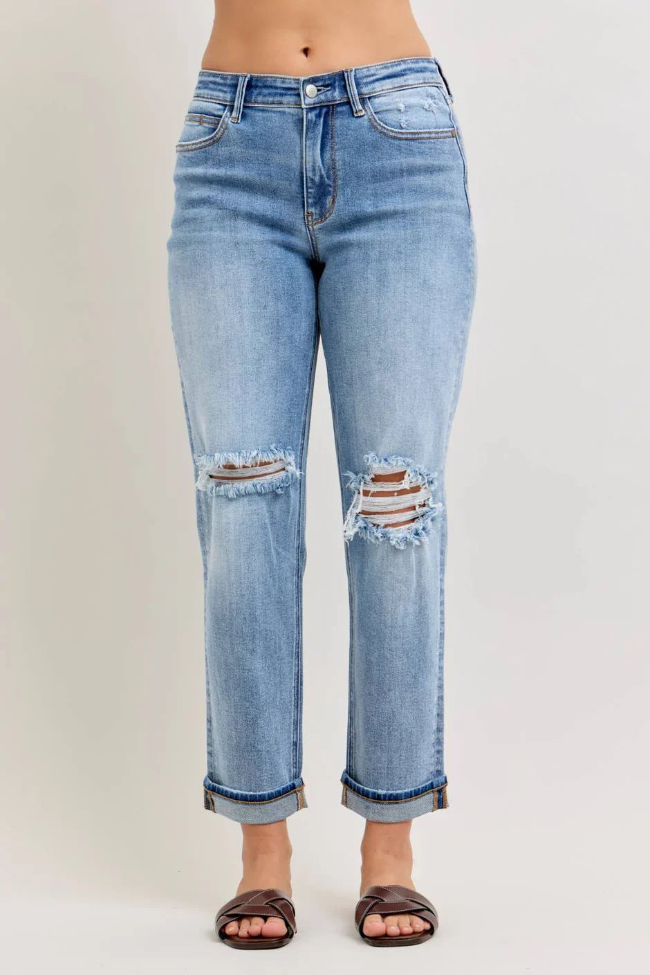 Judy Blue Elaine Mid Rise Boyfriend with Distress & Cuff Womens