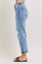 Judy Blue Elaine Mid Rise Boyfriend with Distress & Cuff Womens