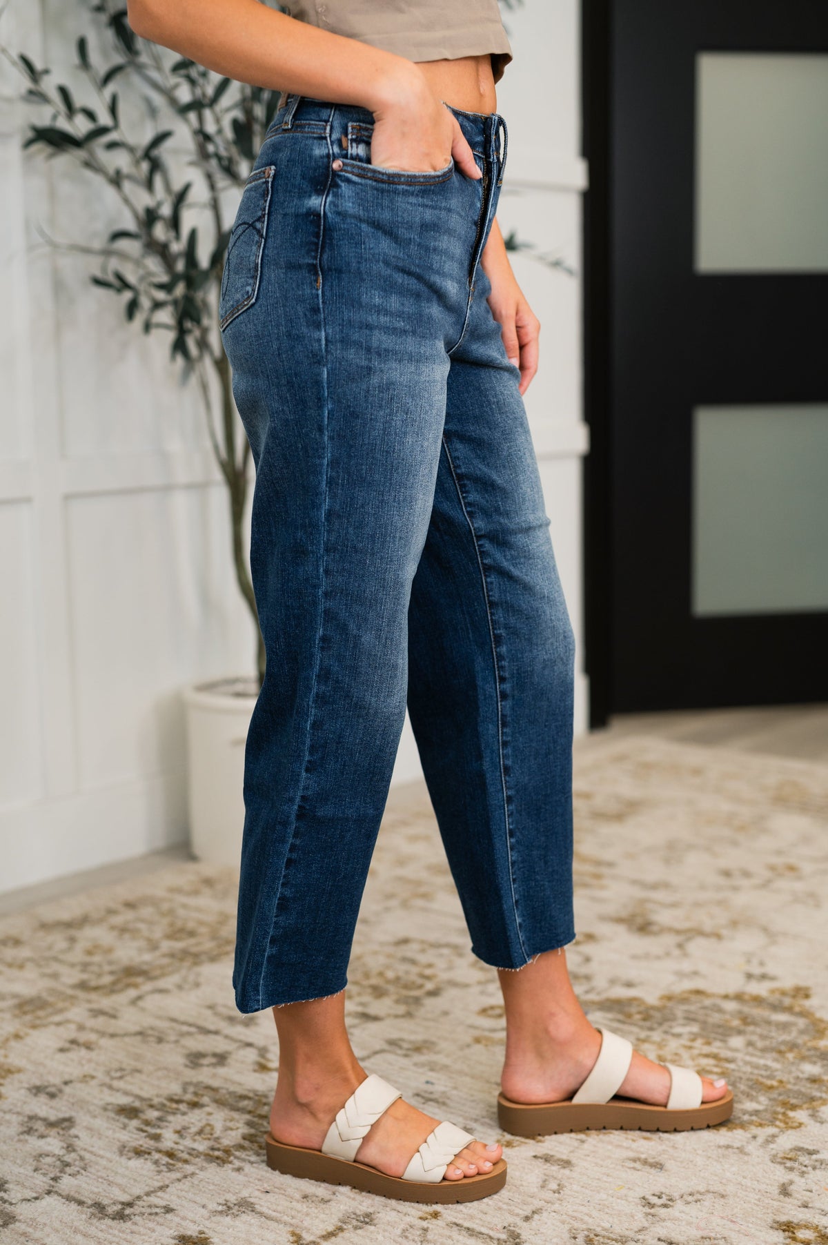 Judy Blue Maisie High Waist Back Pocket Embroidery Crop Wide Womens