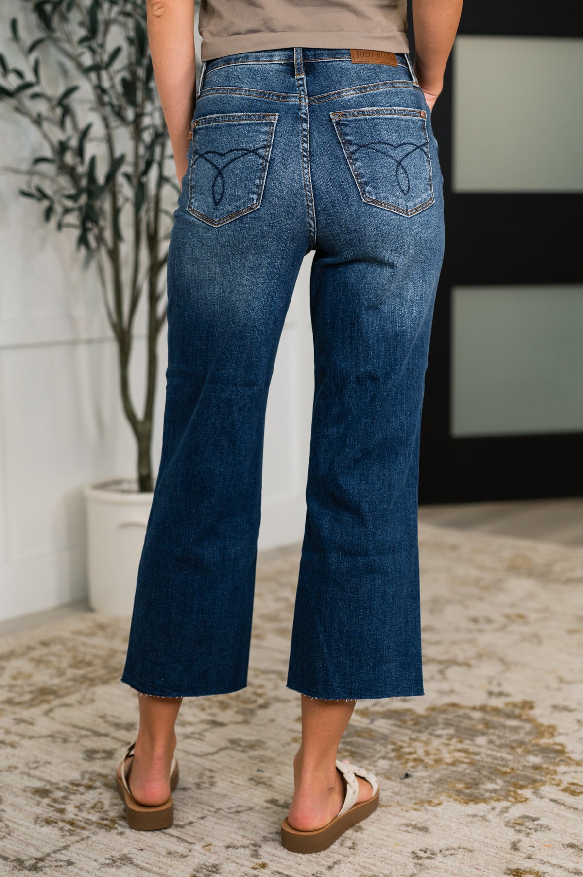 Judy Blue Maisie High Waist Back Pocket Embroidery Crop Wide Womens