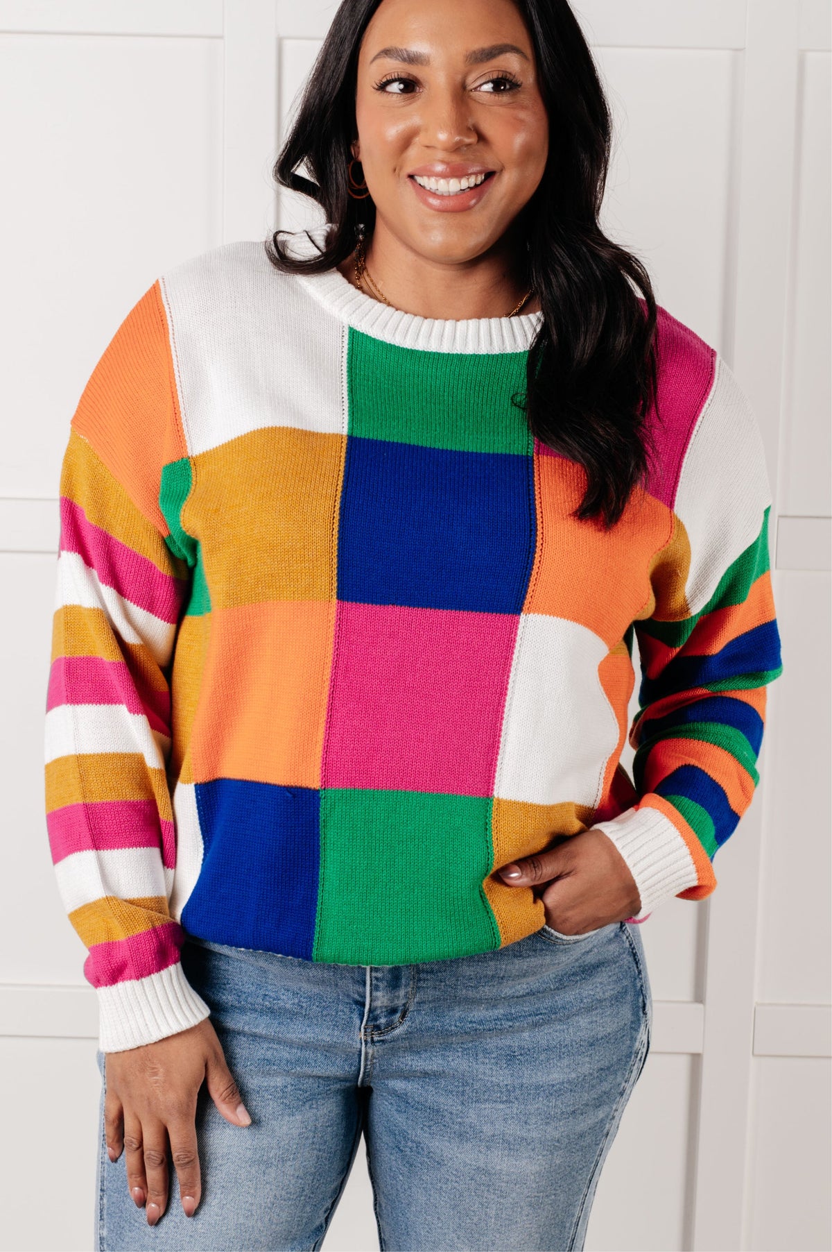 One Eleven North Manifesting Moment Checkered Color Block Sweater Sweaters
