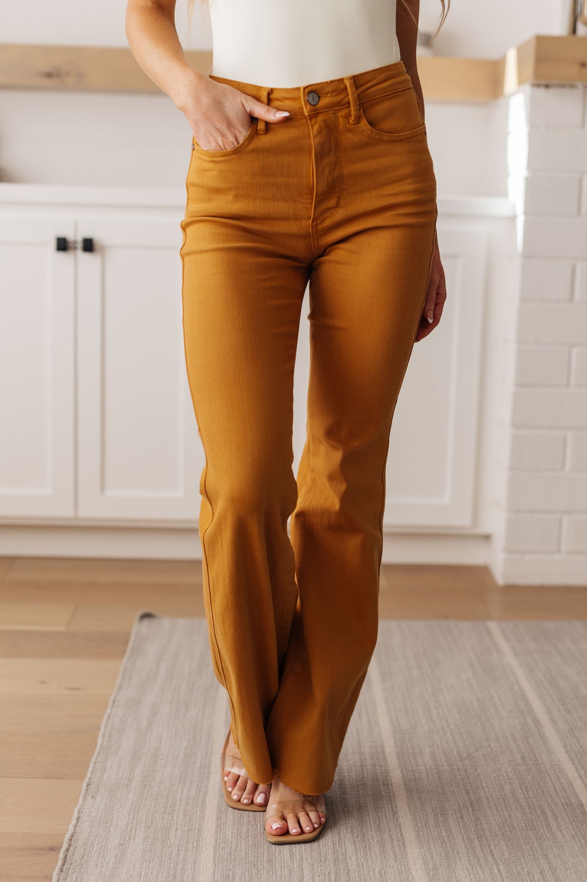 Judy Blue Melinda High Rise Control Top Flare Jeans in Marigold Denim