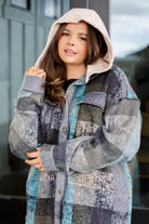 BiBi My Best Effort Teal & Gray Plaid Hooded Shacket Layers