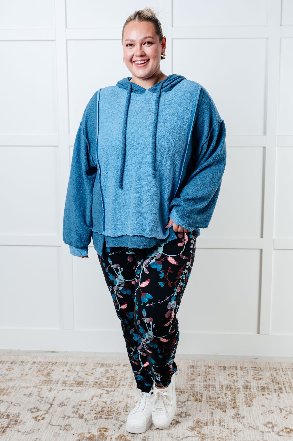 BiBi French Terry Logic Blue Color Long Sleeve Block Hoodie Tops