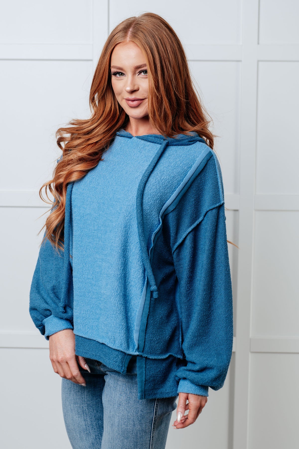 BiBi French Terry Logic Blue Color Long Sleeve Block Hoodie Tops