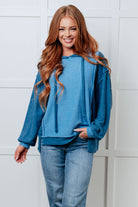 BiBi French Terry Logic Blue Color Long Sleeve Block Hoodie Tops