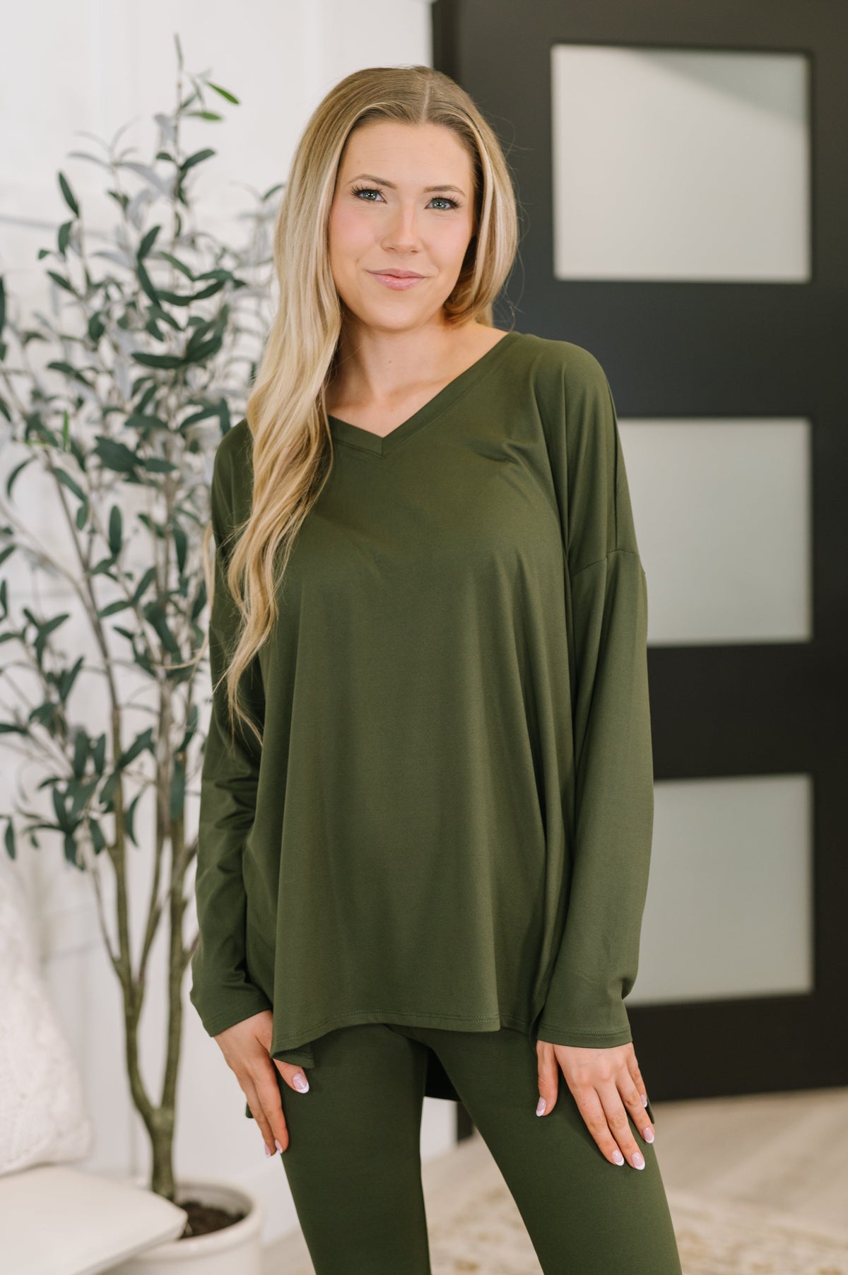 Zenana Next to Nothing V Neck Long Sleeve Top and Bottom Set in Dark Olive 3XL Womens