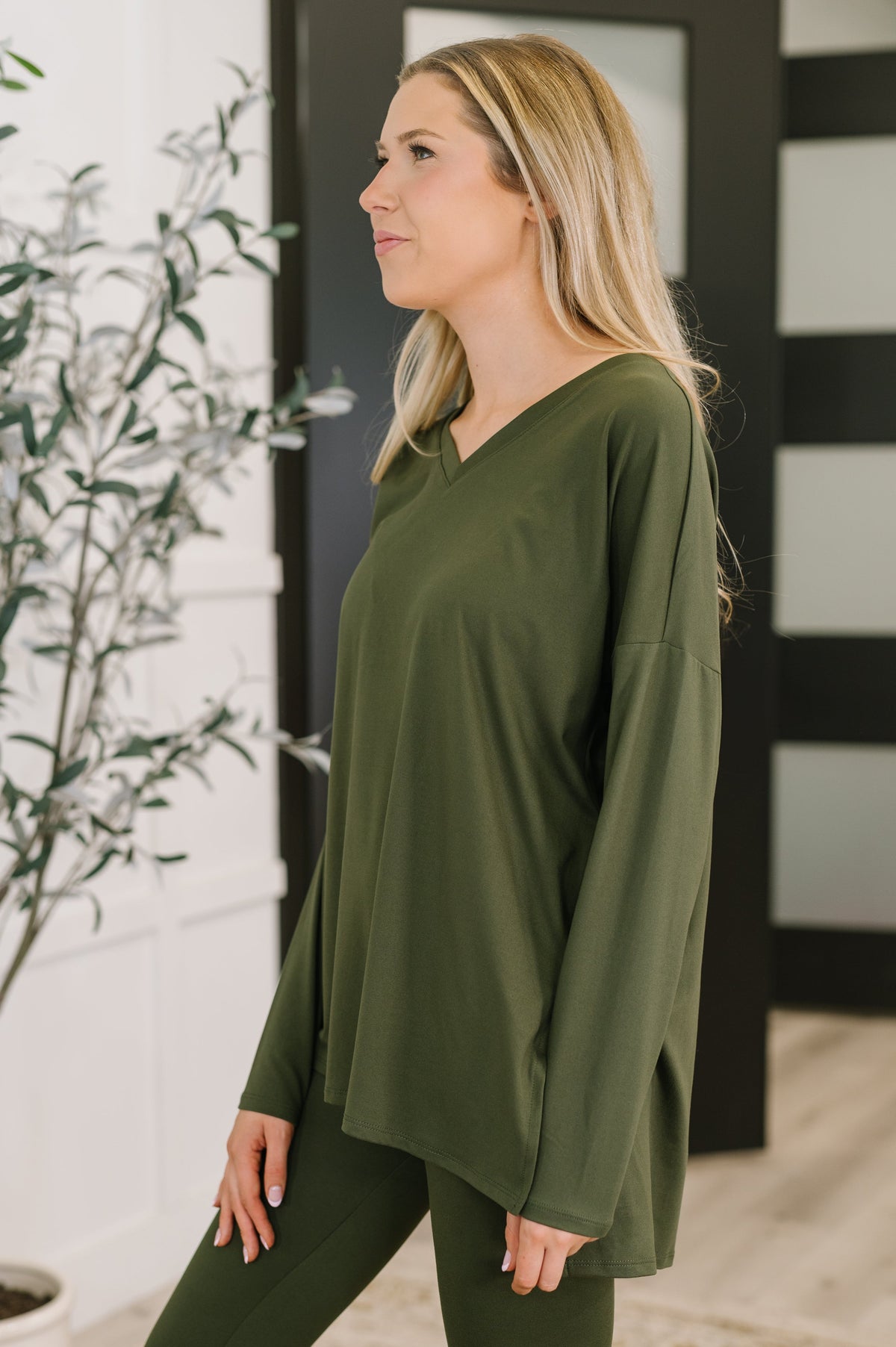 Zenana Next to Nothing V Neck Long Sleeve Top and Bottom Set in Dark Olive Womens