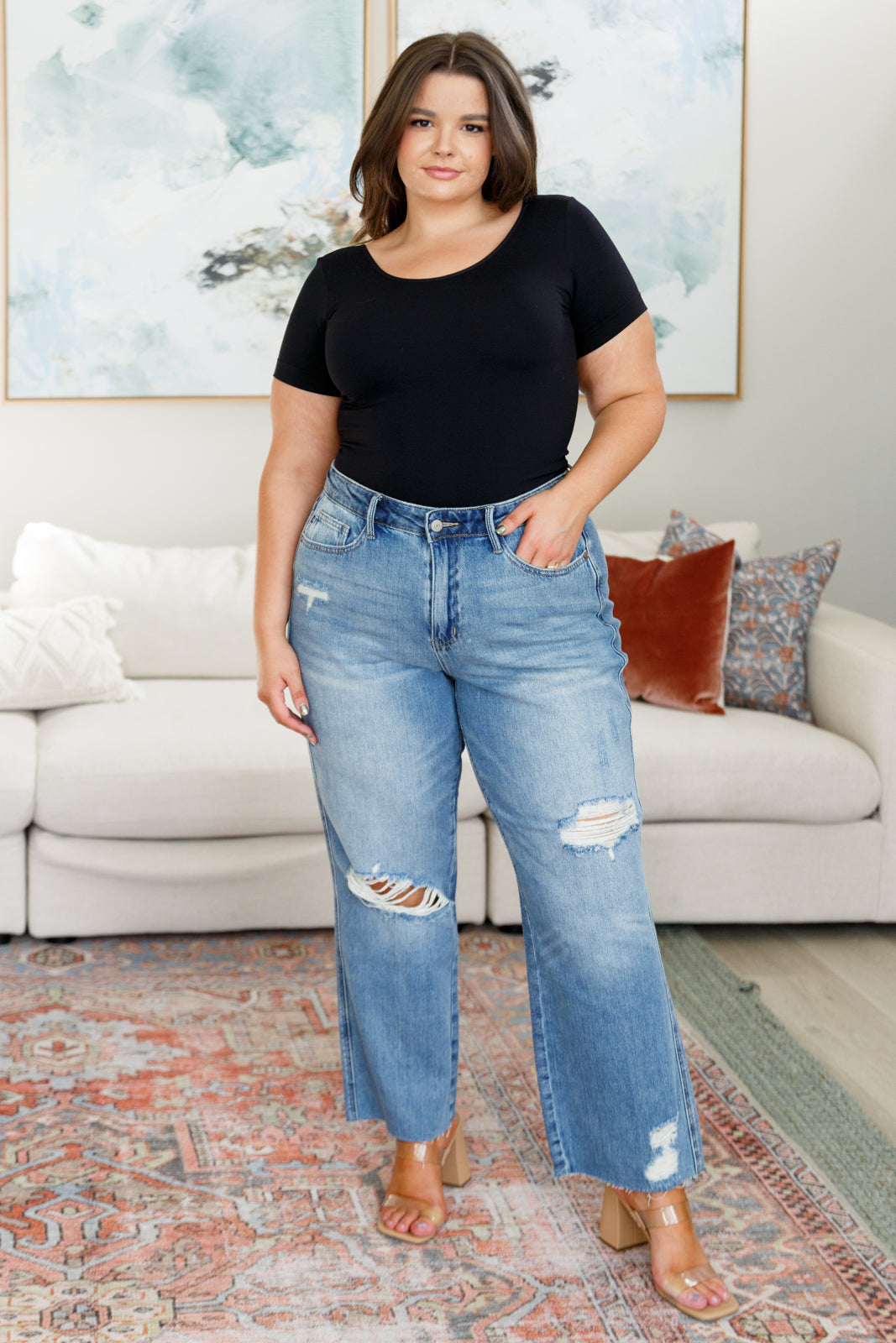 Judy Blue Nora High Rise Rigid Magic Destroy Slim Straight Jeans Womens