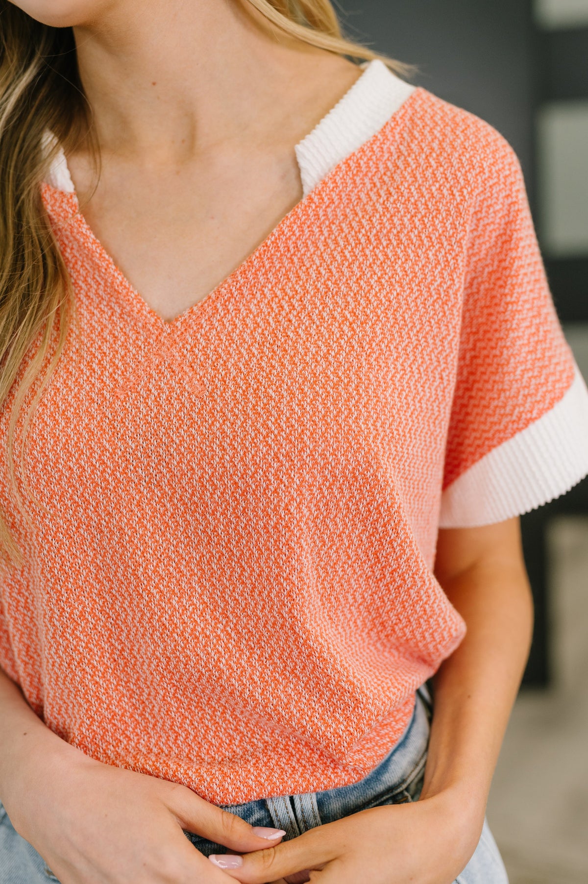 7th Ray One Piece at a Time V-Neck Short Sleeve Top in Coral Womens