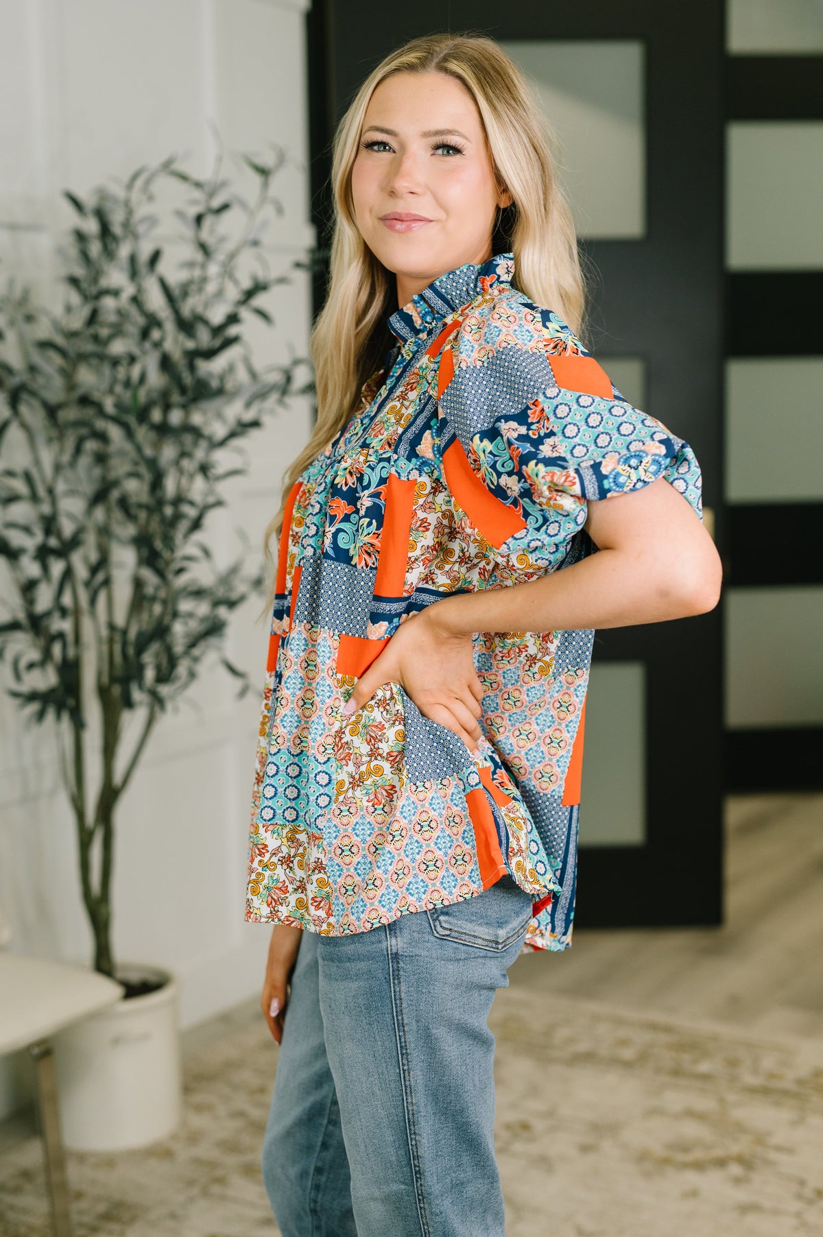 Haptics Pardon Me Patchwork Puff Sleeve Blouse Tops