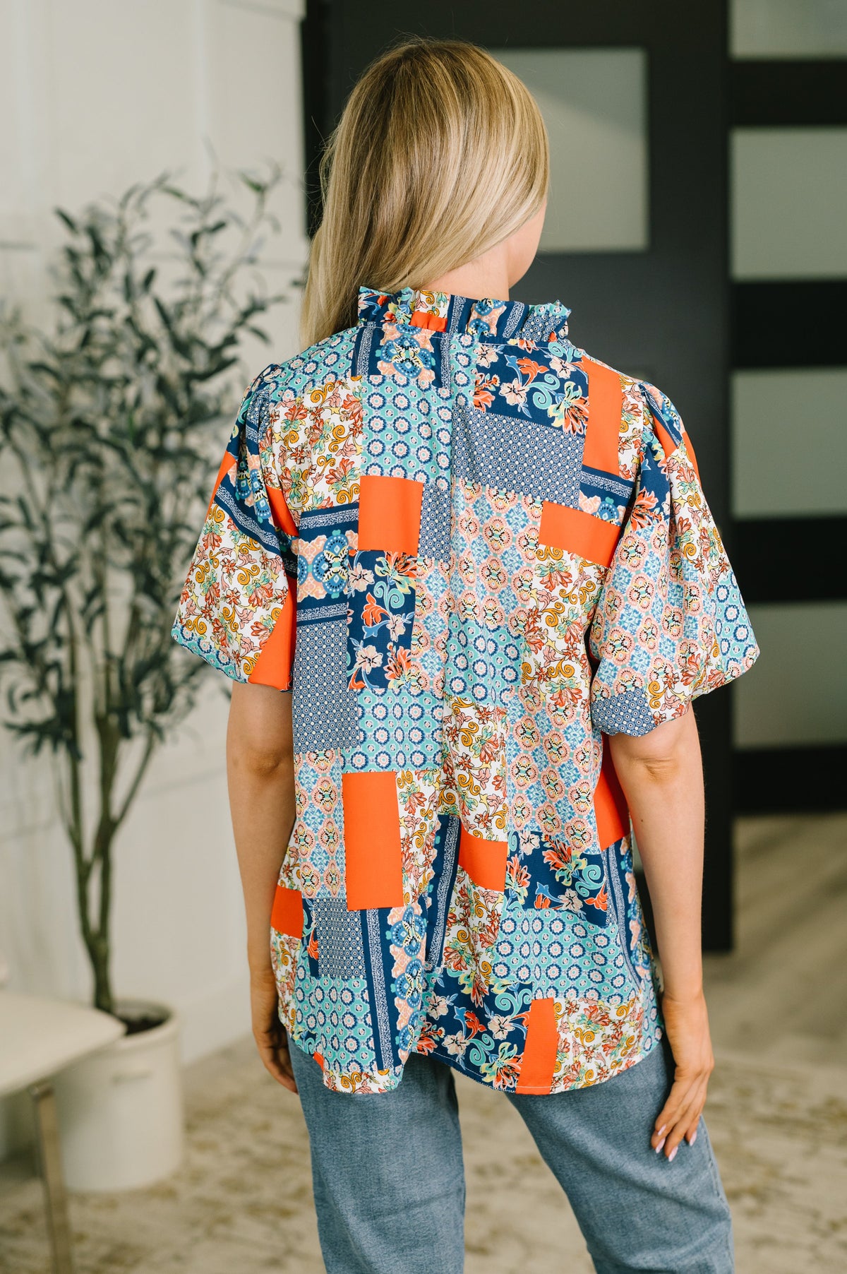 Haptics Pardon Me Patchwork Puff Sleeve Blouse Tops
