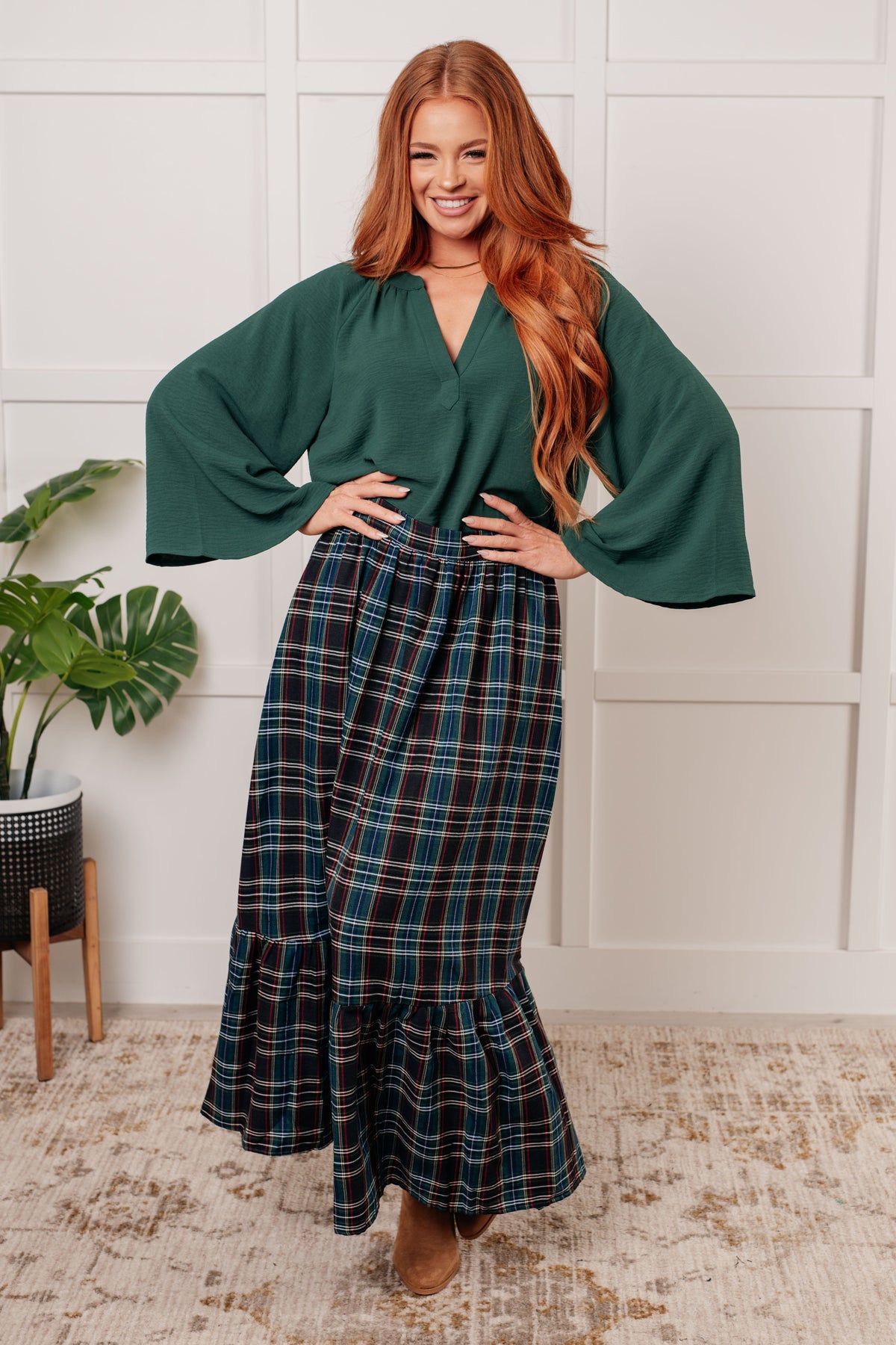 Jodifl Climb On V-Neck Blouse in Dark Green Blouses