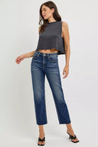 RISEN Dark Washed High Rise Slim Barrel Jeans