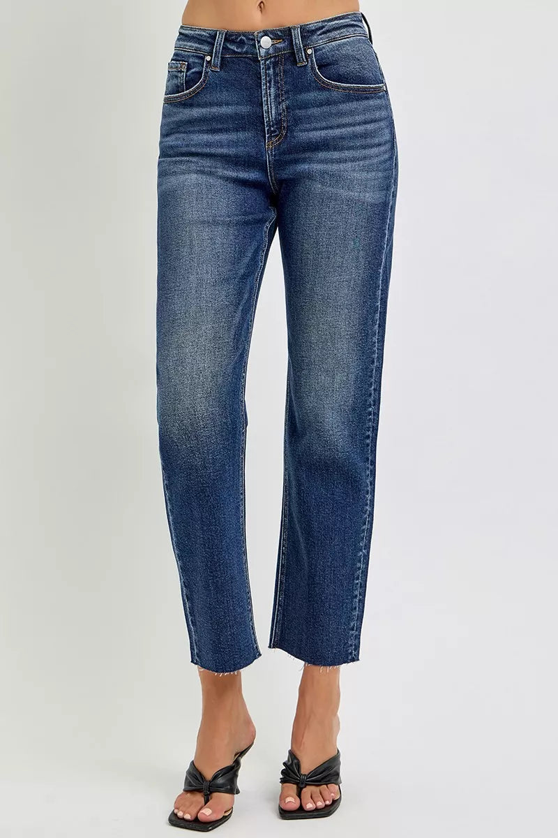 RISEN Dark Washed High Rise Slim Barrel Jeans