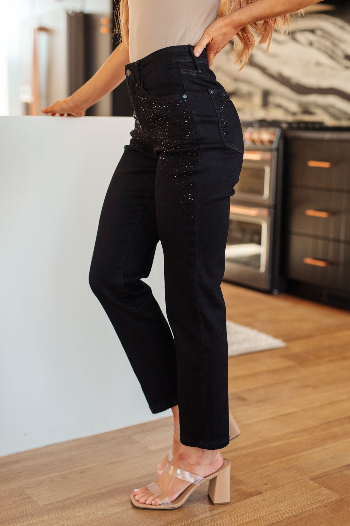 Judy Blue Reese Rhinestone Slim Fit Jeans in Black Womens