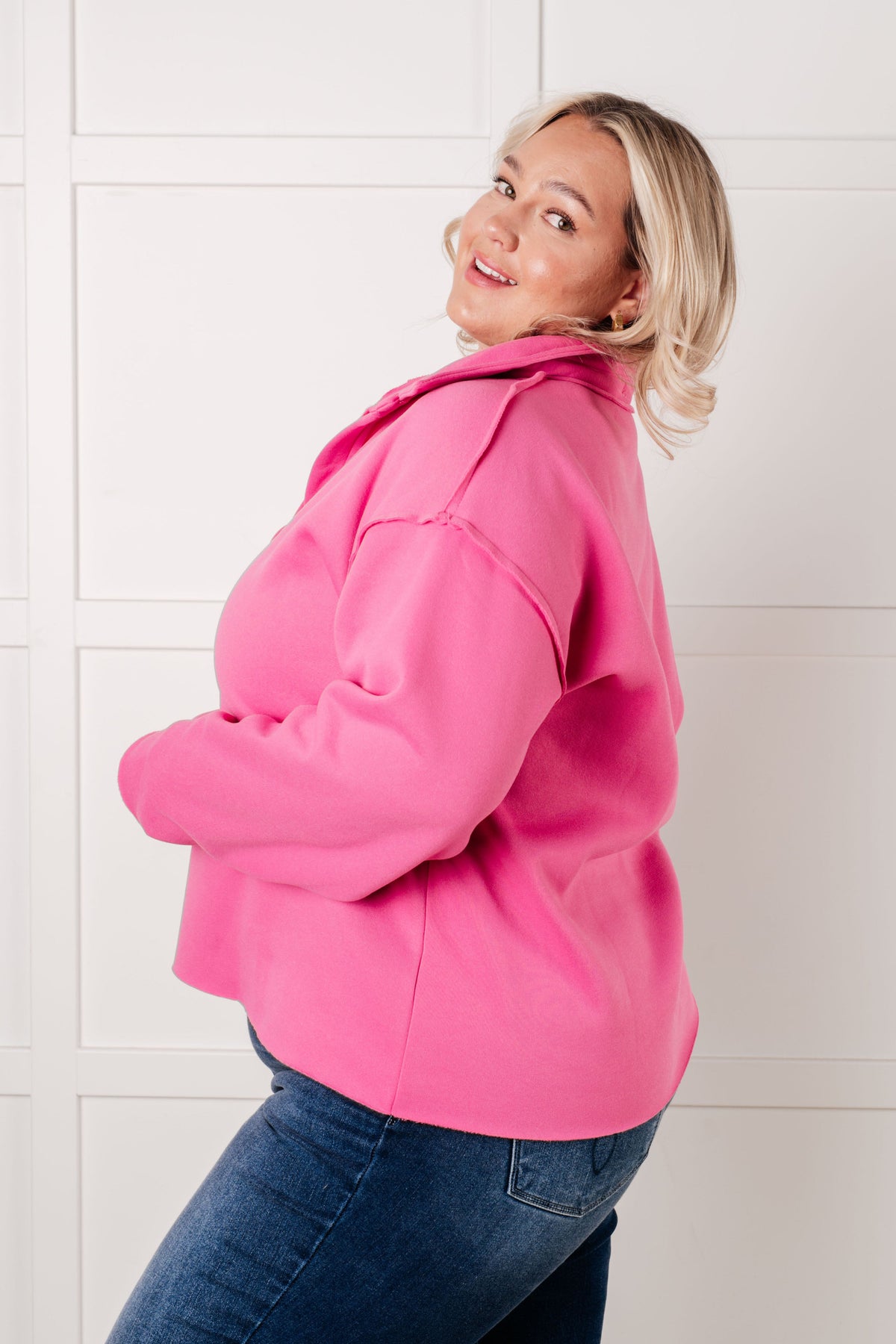 White Birch Same Ol' Situation Collared Pullover in Hot Pink Sweaters