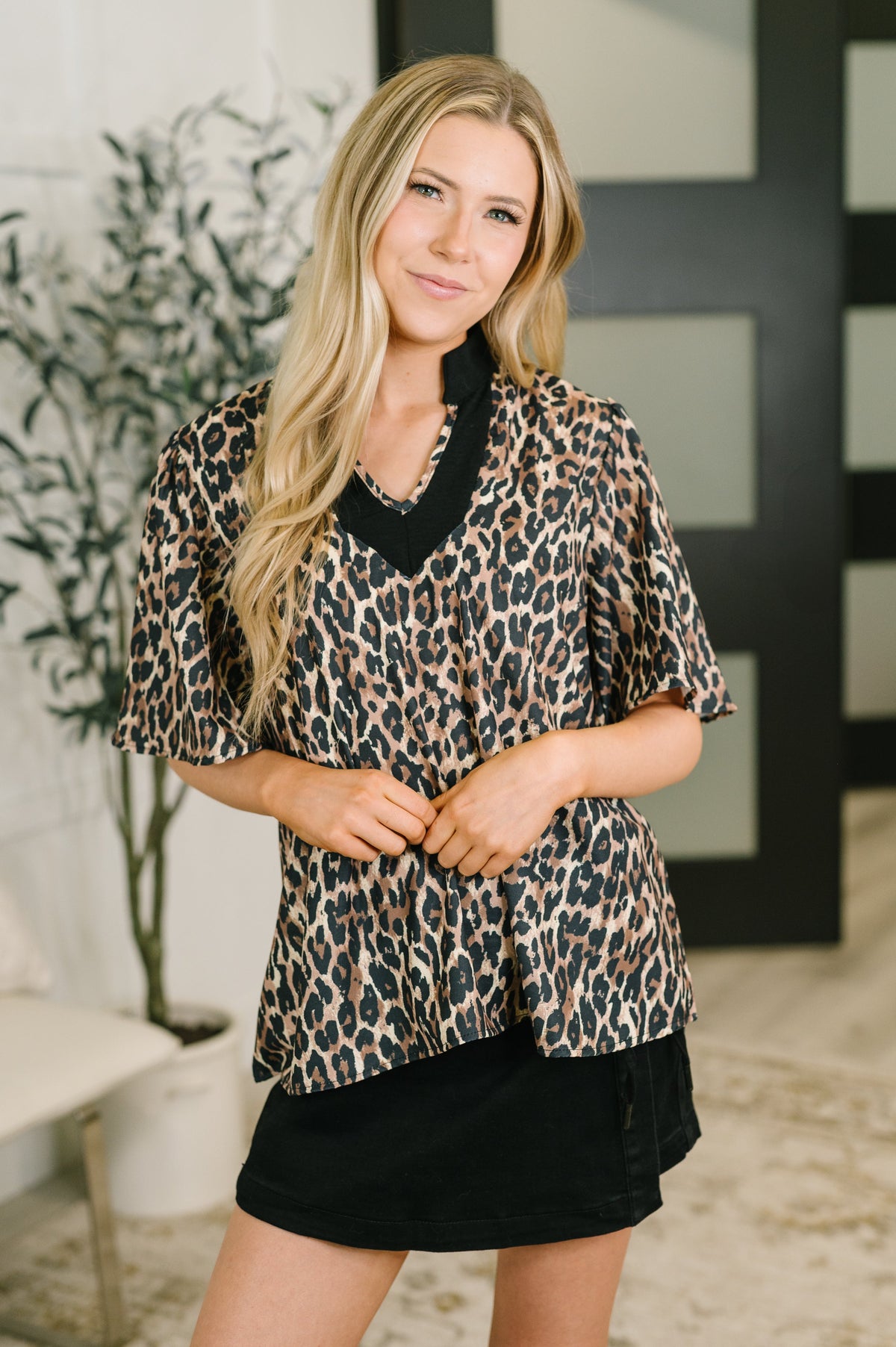 Haptics Sassy Season Split Neck Leopard Print Blouse Tops