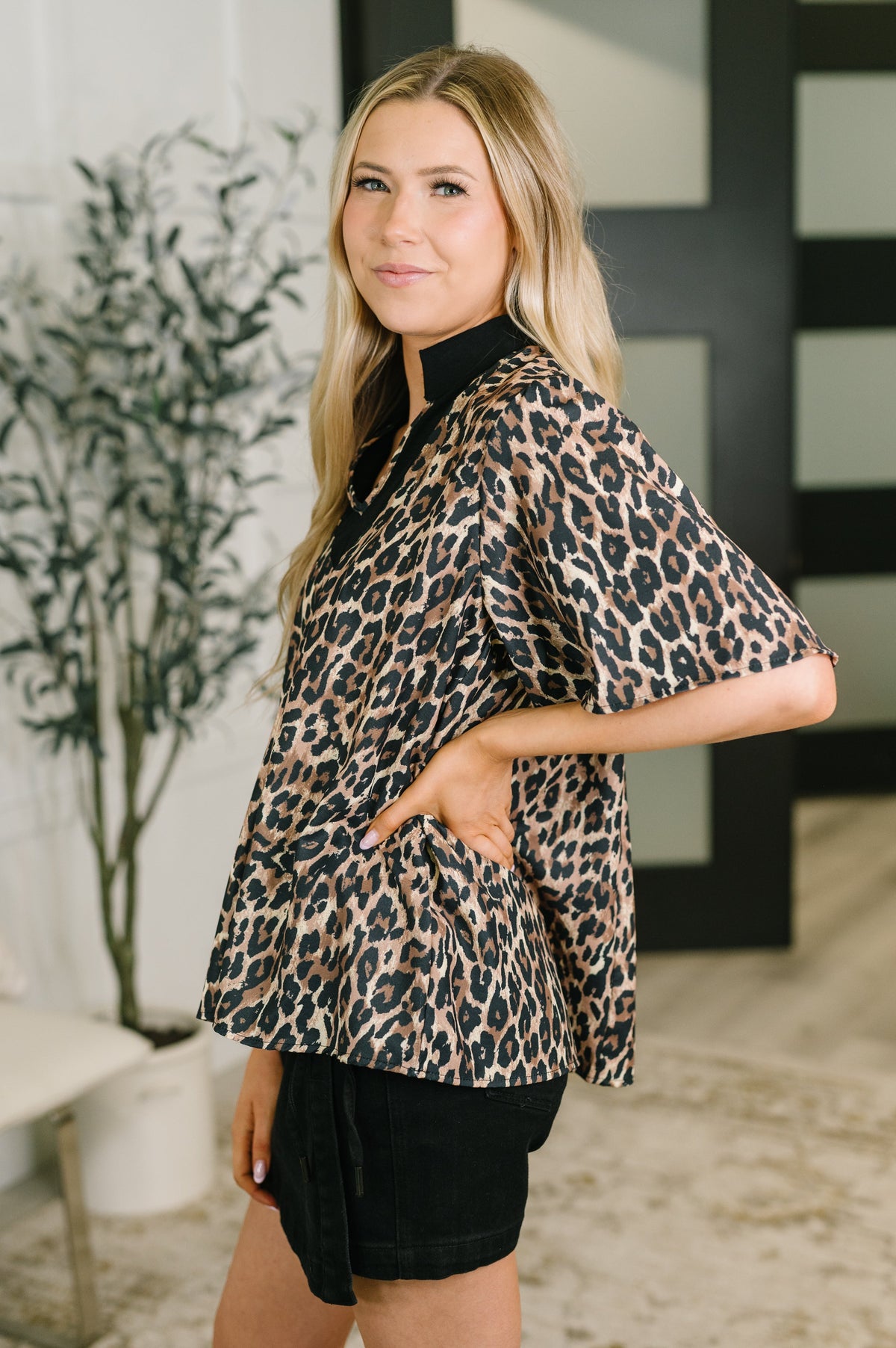 Haptics Sassy Season Split Neck Leopard Print Blouse Tops