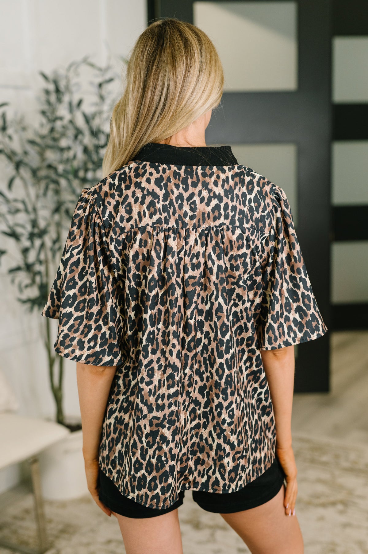 Haptics Sassy Season Split Neck Leopard Print Blouse Tops