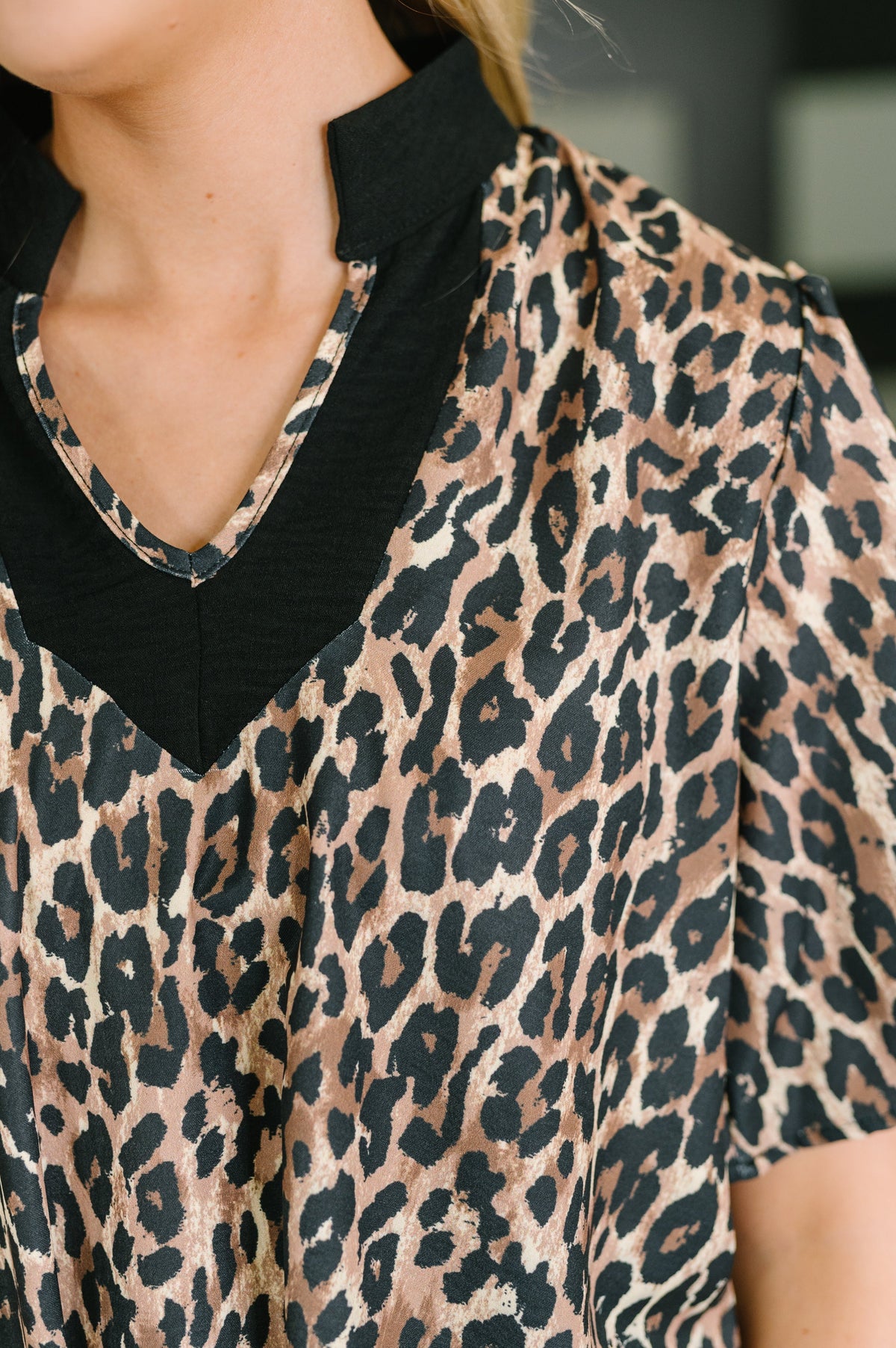Haptics Sassy Season Split Neck Leopard Print Blouse Tops