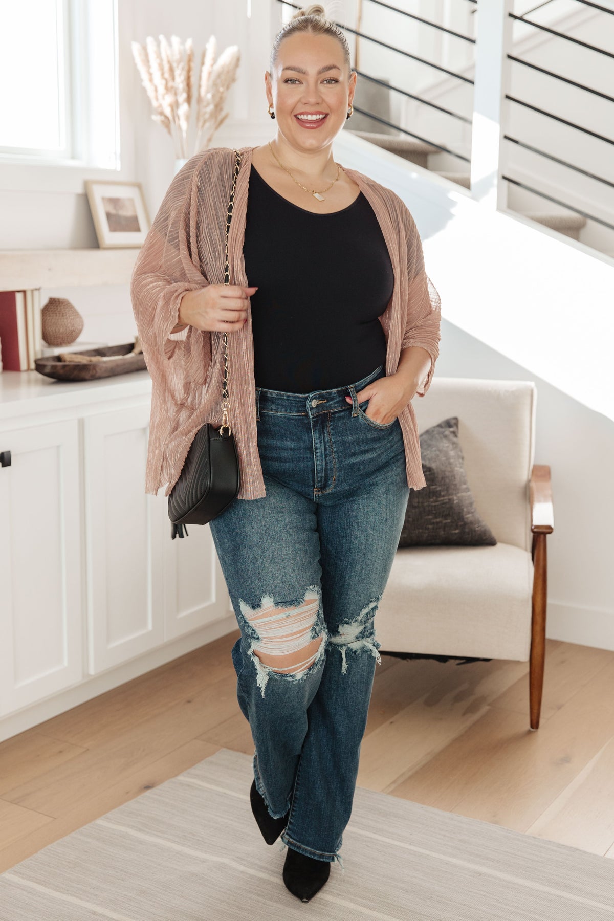 Annie Wear Sheer Signs Taupe Accordion Shimmer Pleat Kimono Layers
