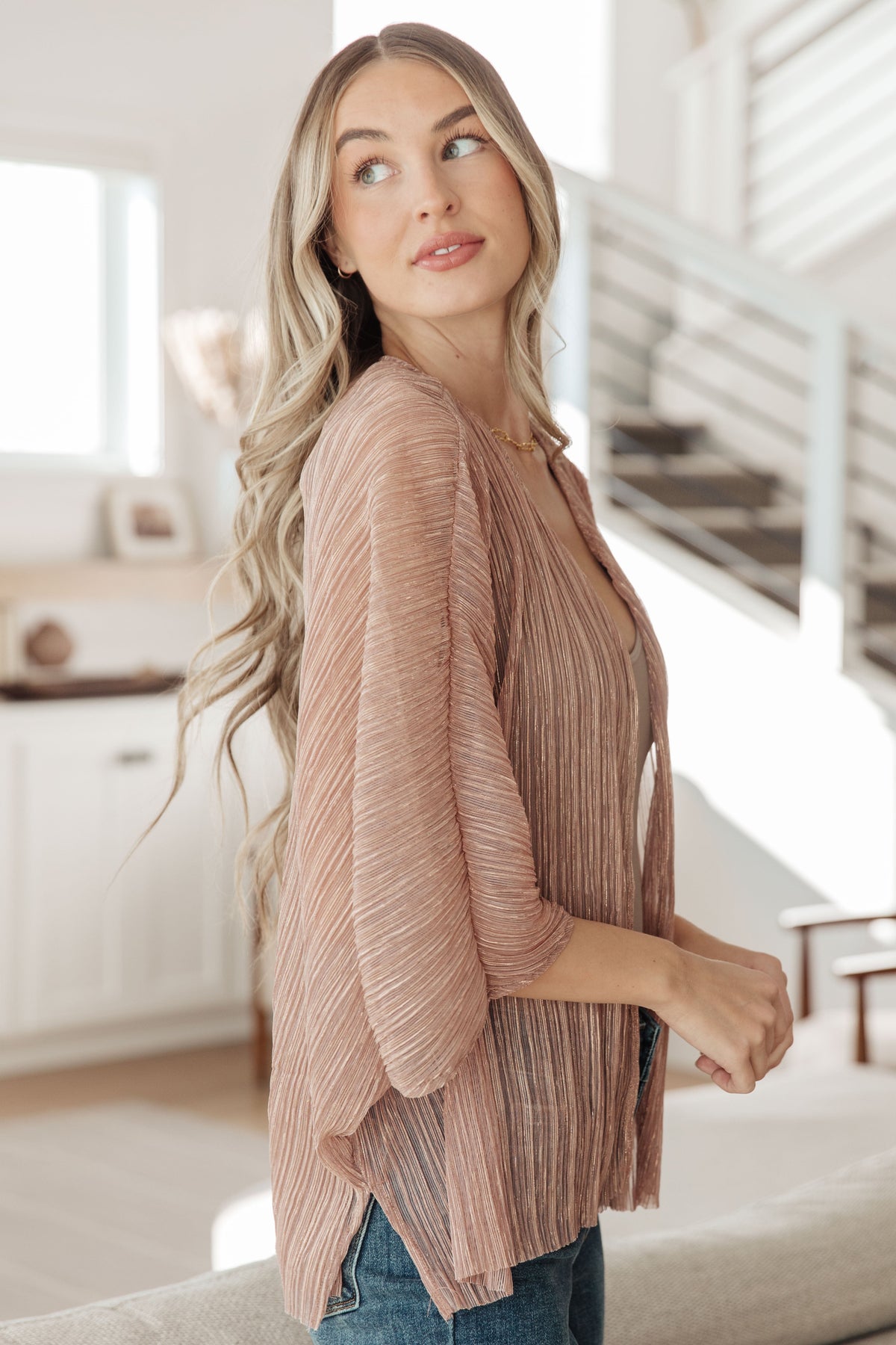 Annie Wear Sheer Signs Taupe Accordion Shimmer Pleat Kimono Layers
