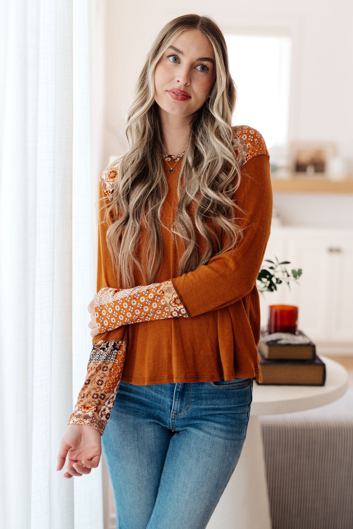 Haptics Rust Mixed Print Hoodie Tops