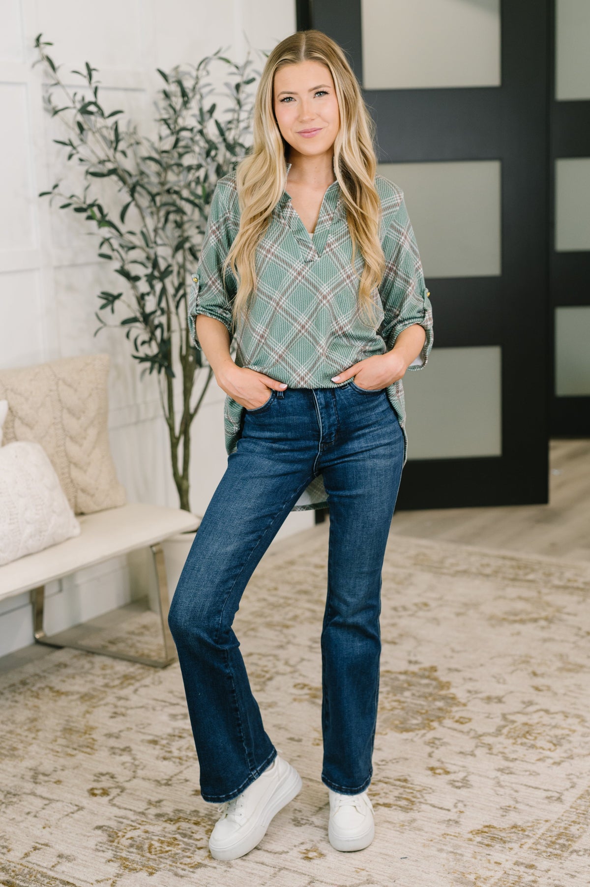 Heimish So It Goes Split Neck Plaid Top Tops
