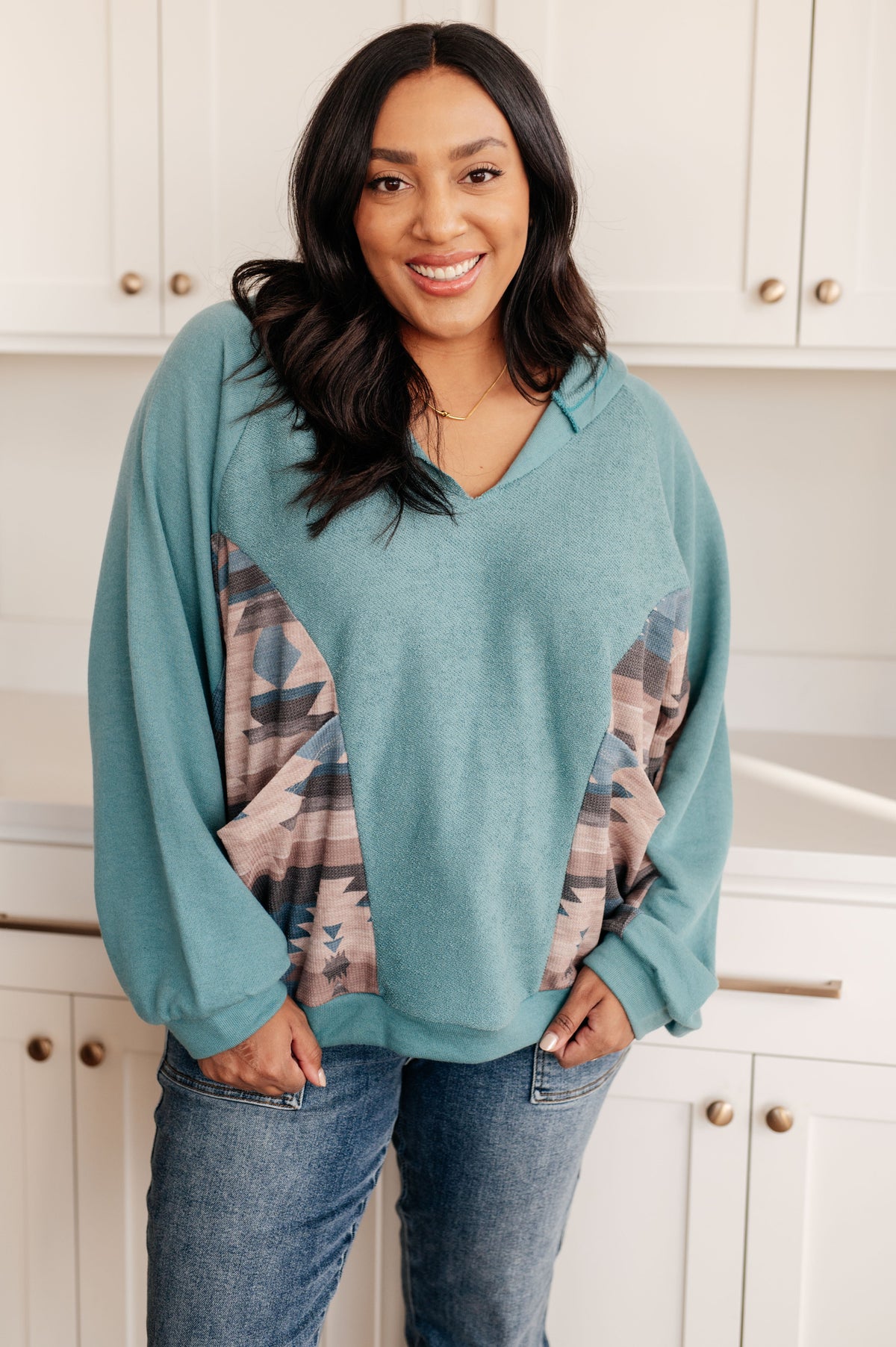BiBi Southwest Sunrise Patchwork French Terry Hoodie Tops
