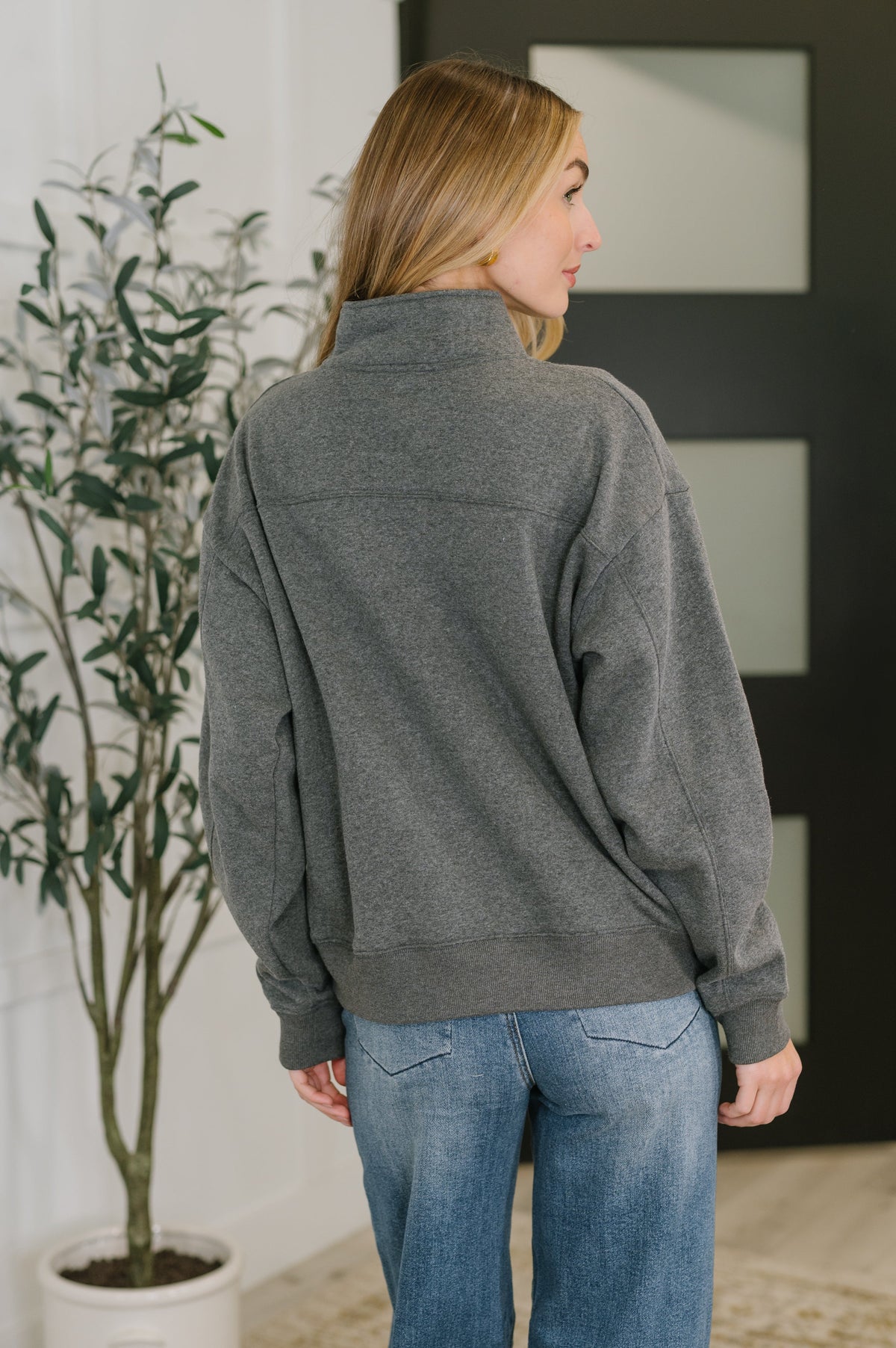 Zenana Sweater Weather Half Zip High Neck Pullover in Charcoal Womens