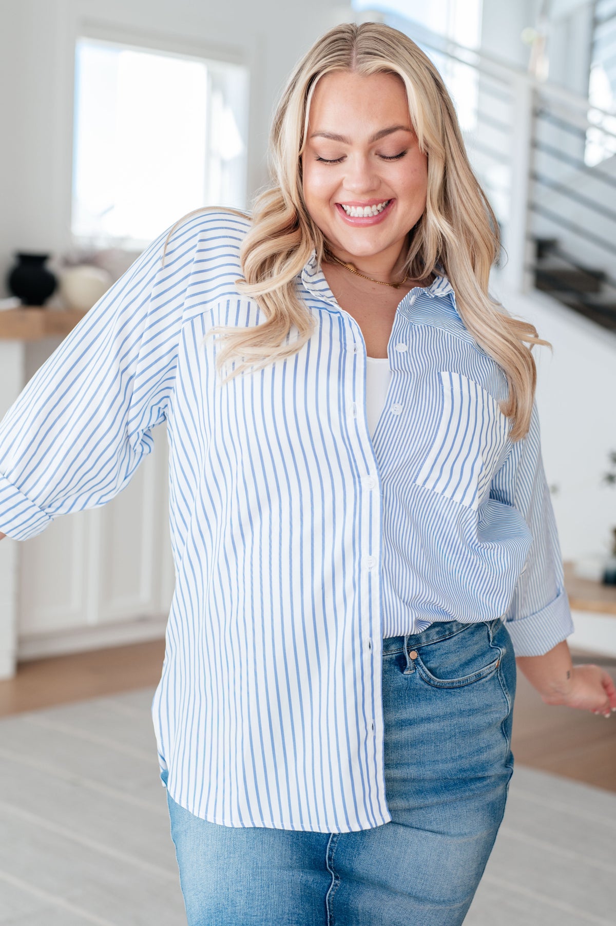 Jodifl This or That Striped Button Down Shirts & Tops