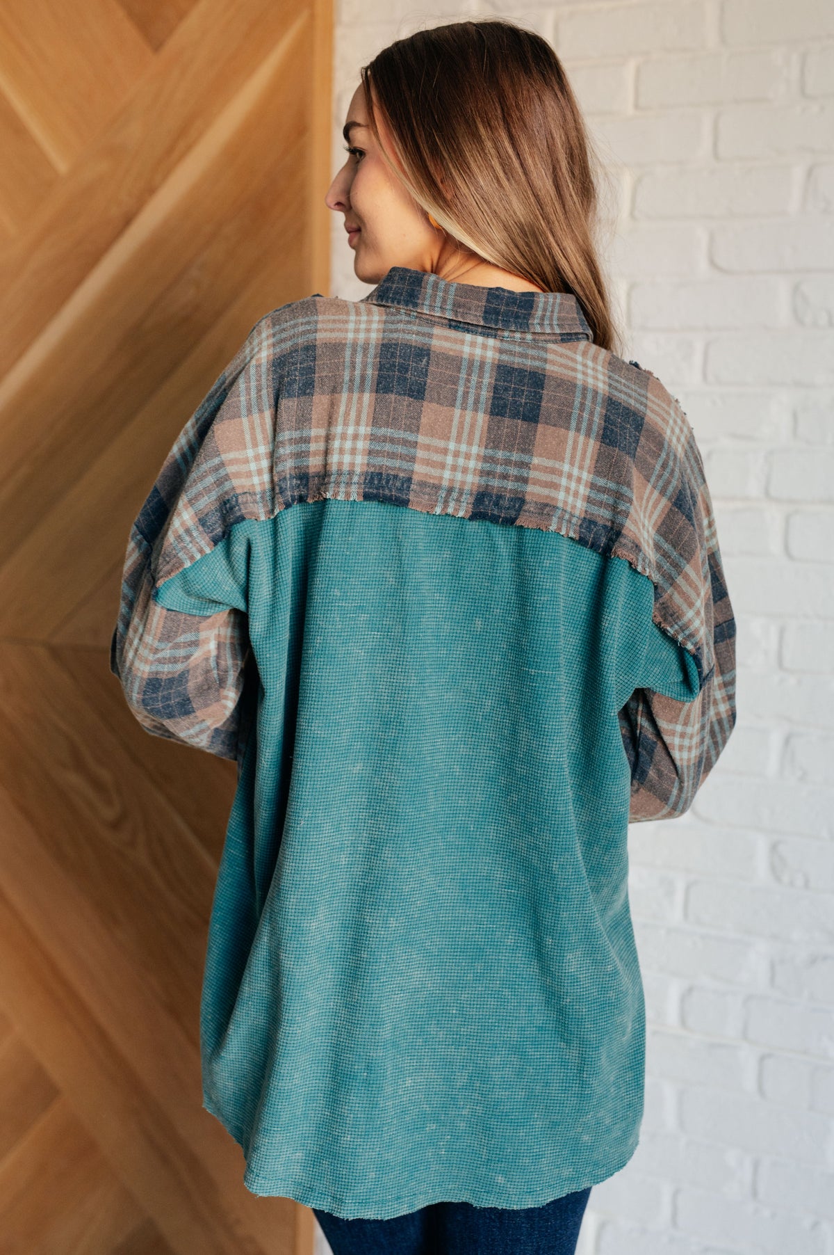White Birch Tied for Time Thermal Waffle Knit Flannel Plaid Button Up Tops