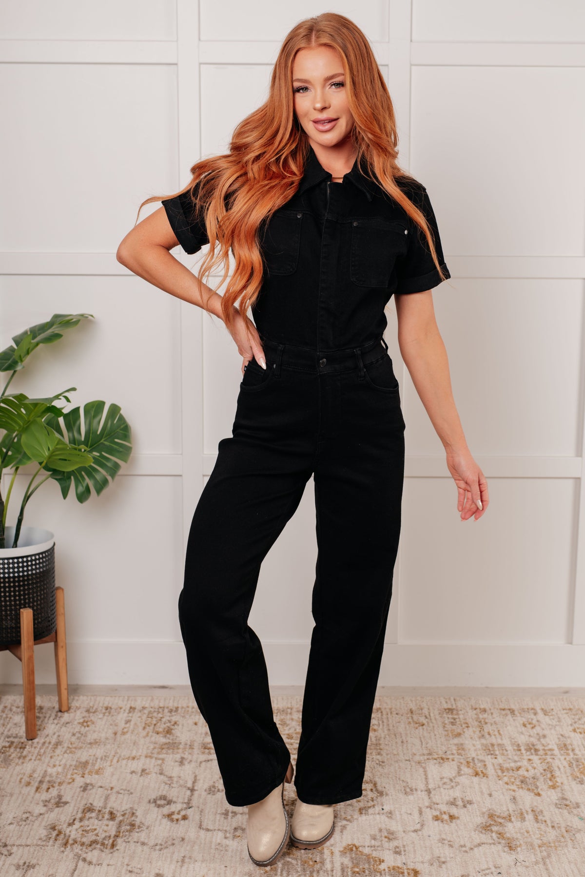 Judy Blue Tilda Short Sleeve Control Top Denim Black Jumpsuit Womens