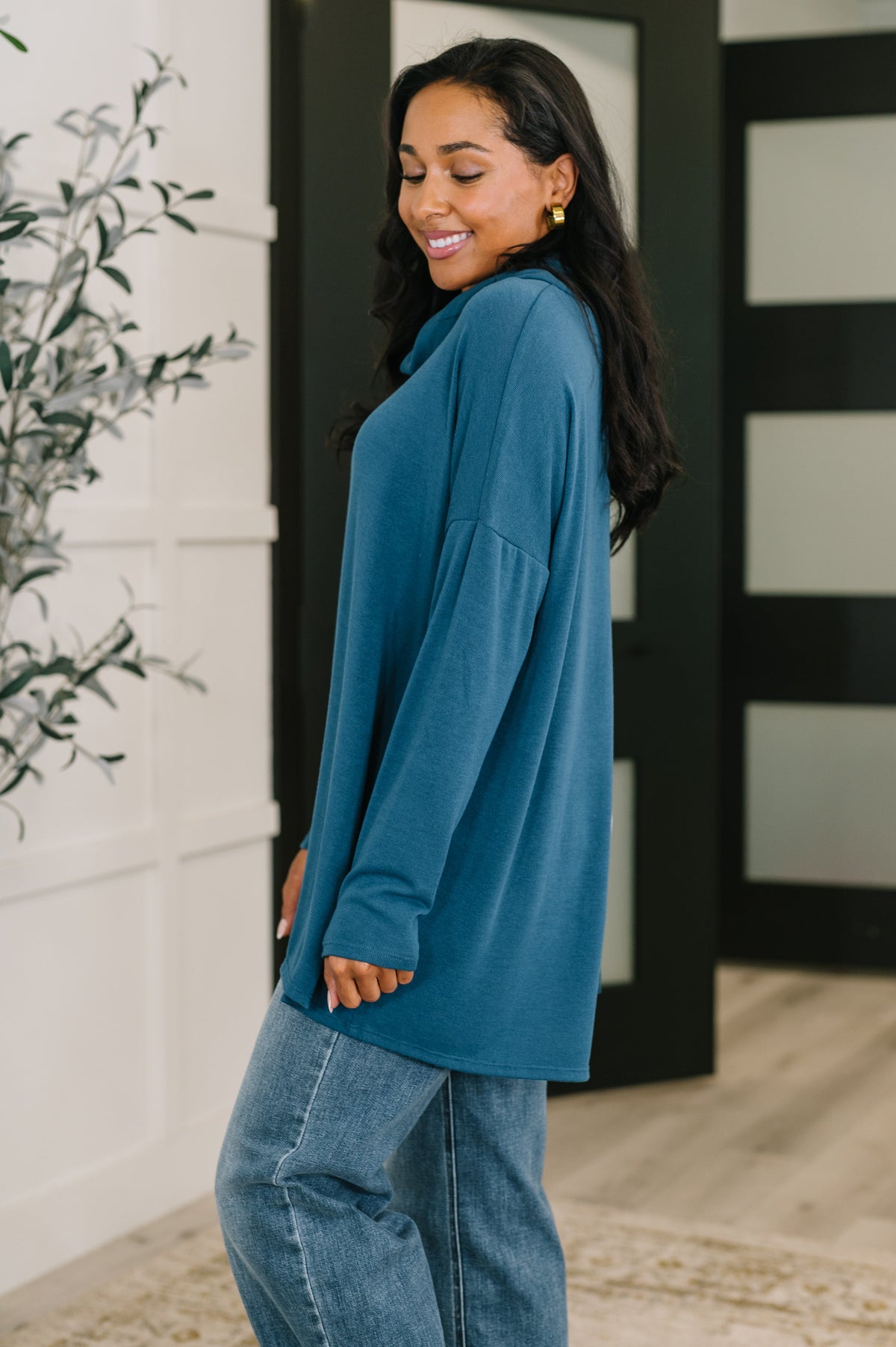 Dear Scarlett Travel Destination Cowl Neck Pullover in Dark Teal Womens