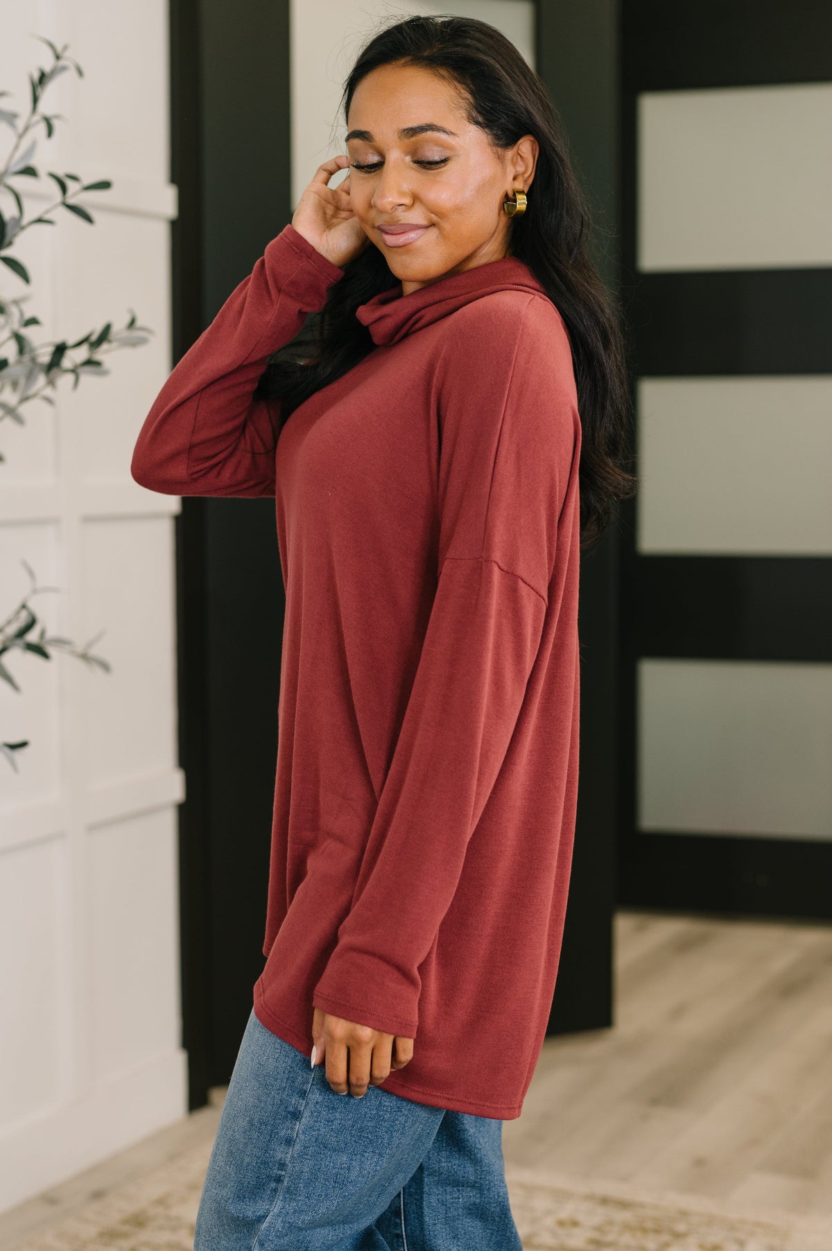 Dear Scarlett Travel Destination Cowl Neck Pullover in Wine Sweaters